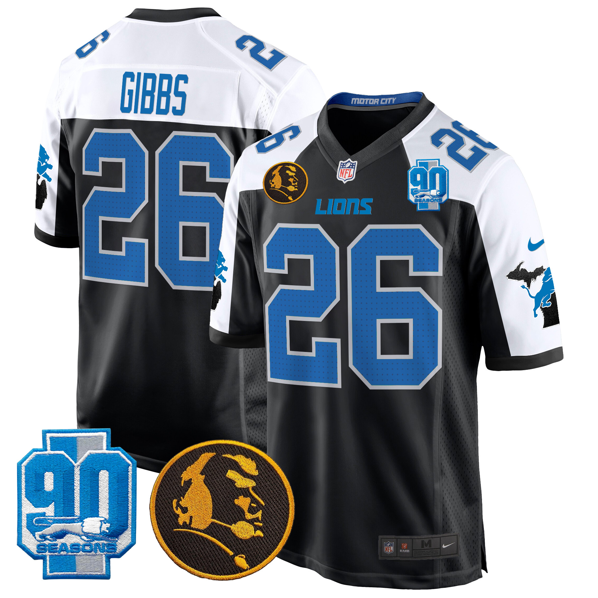 Jahmyr Gibbs Men's Detroit Lions 2024 90th & John Madden Patch Game Alternate Jersey - All Stitched