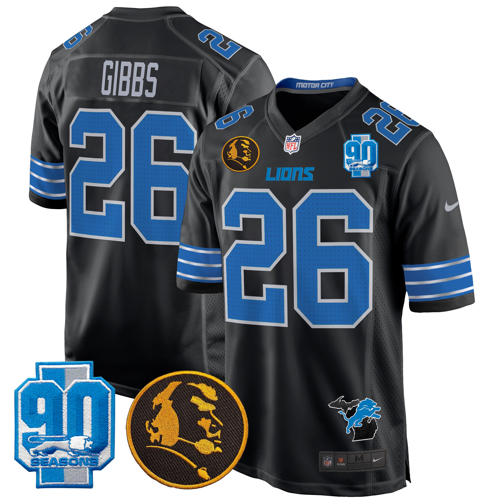 Jahmyr Gibbs Men's Detroit Lions 2024 90th & John Madden Patch Game Black Jersey - All Stitched