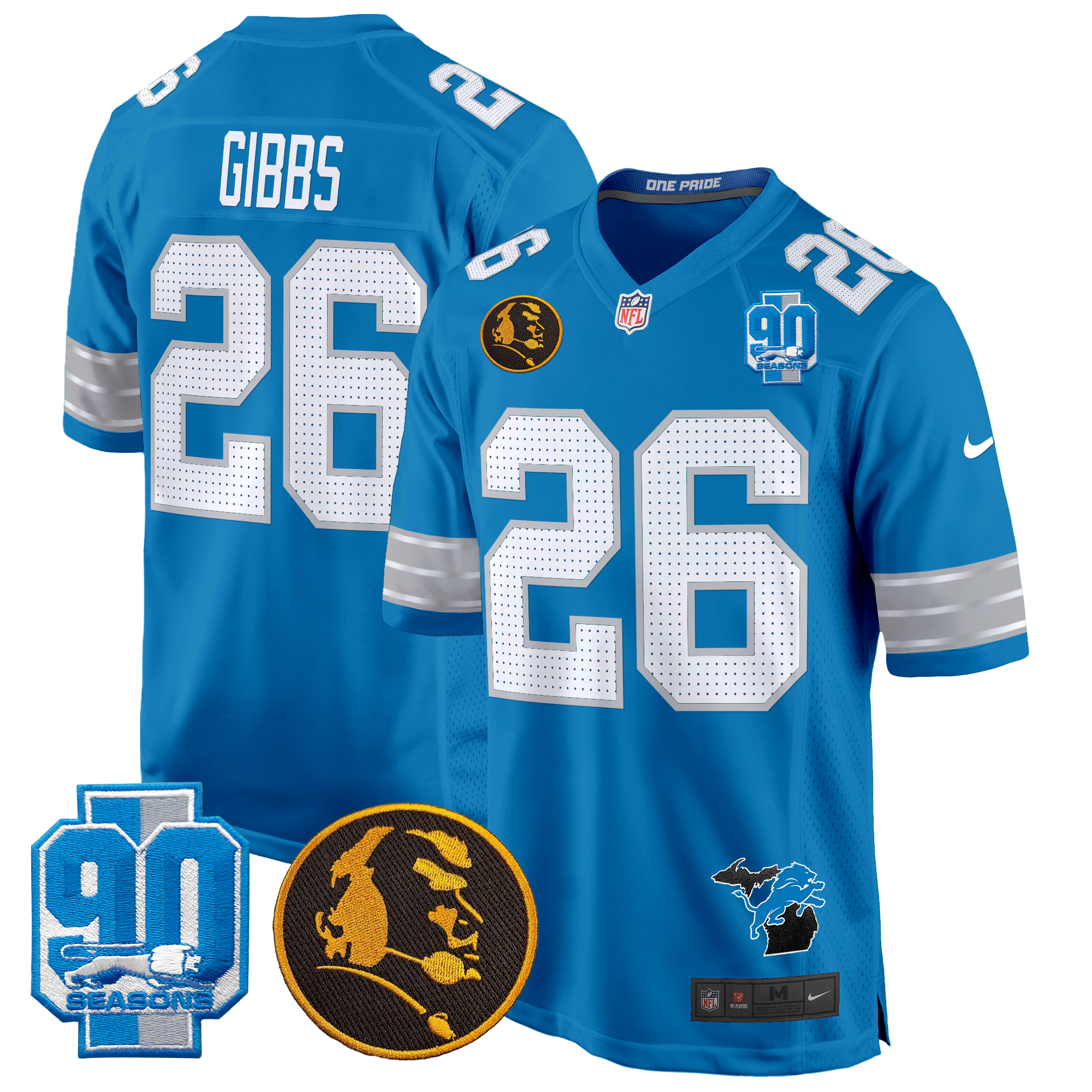 Jahmyr Gibbs Men's Detroit Lions 2024 90th & John Madden Patch Game Blue Jersey - All Stitched