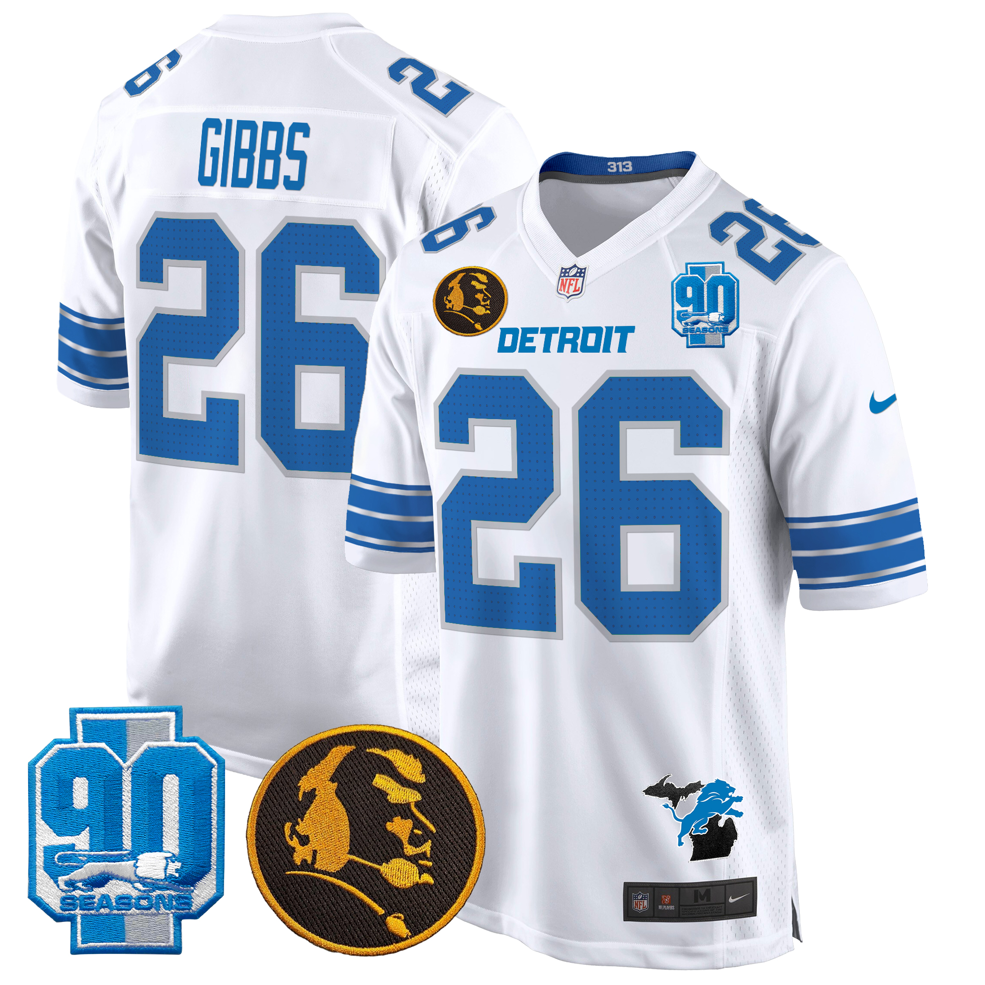 Jahmyr Gibbs Men's Detroit Lions 2024 90th & John Madden Patch Game White Jersey - All Stitched