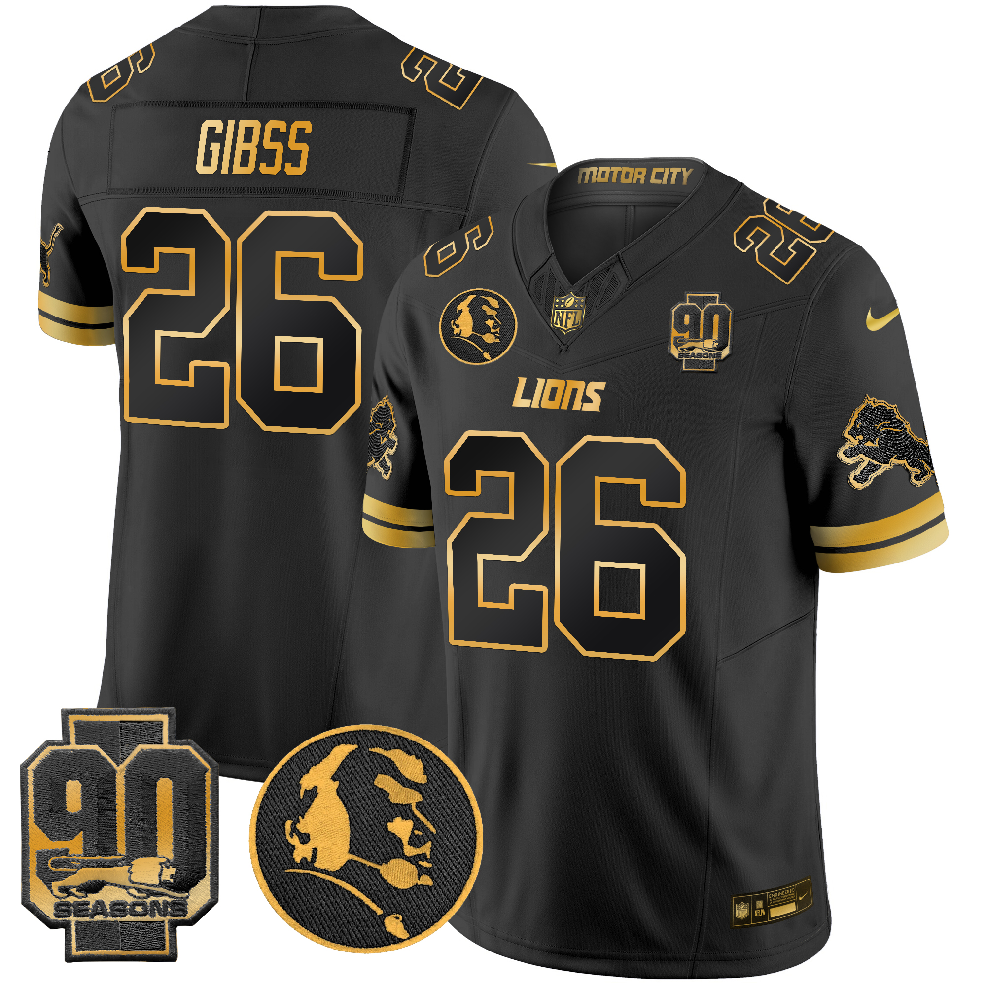 Jahmyr Gibbs Men's Detroit Lions 2024 90th & John Madden Patch Gold Vapor Limited Black Gold Jersey - All Stitched