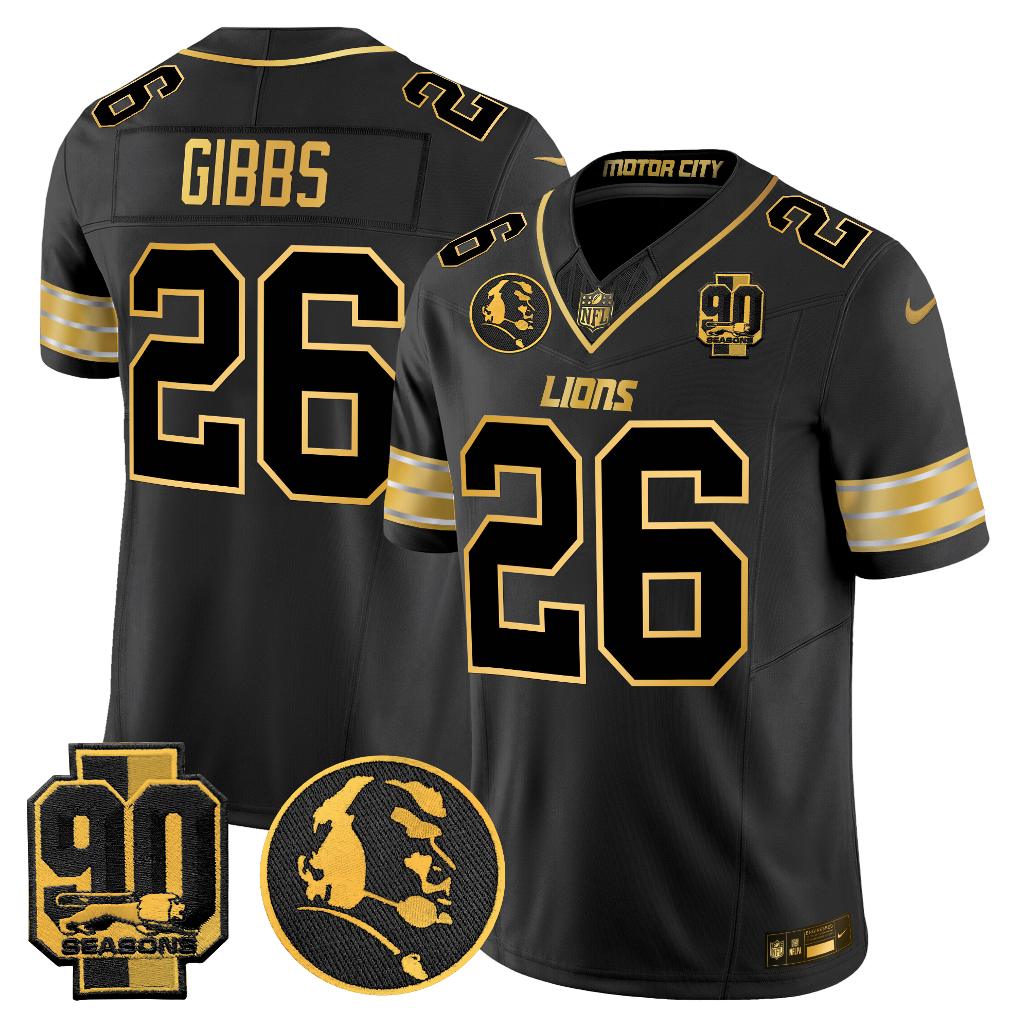 Jahmyr Gibbs Men's Detroit Lions 2024 90th & John Madden Patch Gold Vapor Limited Black Gold Jersey - All Stitched