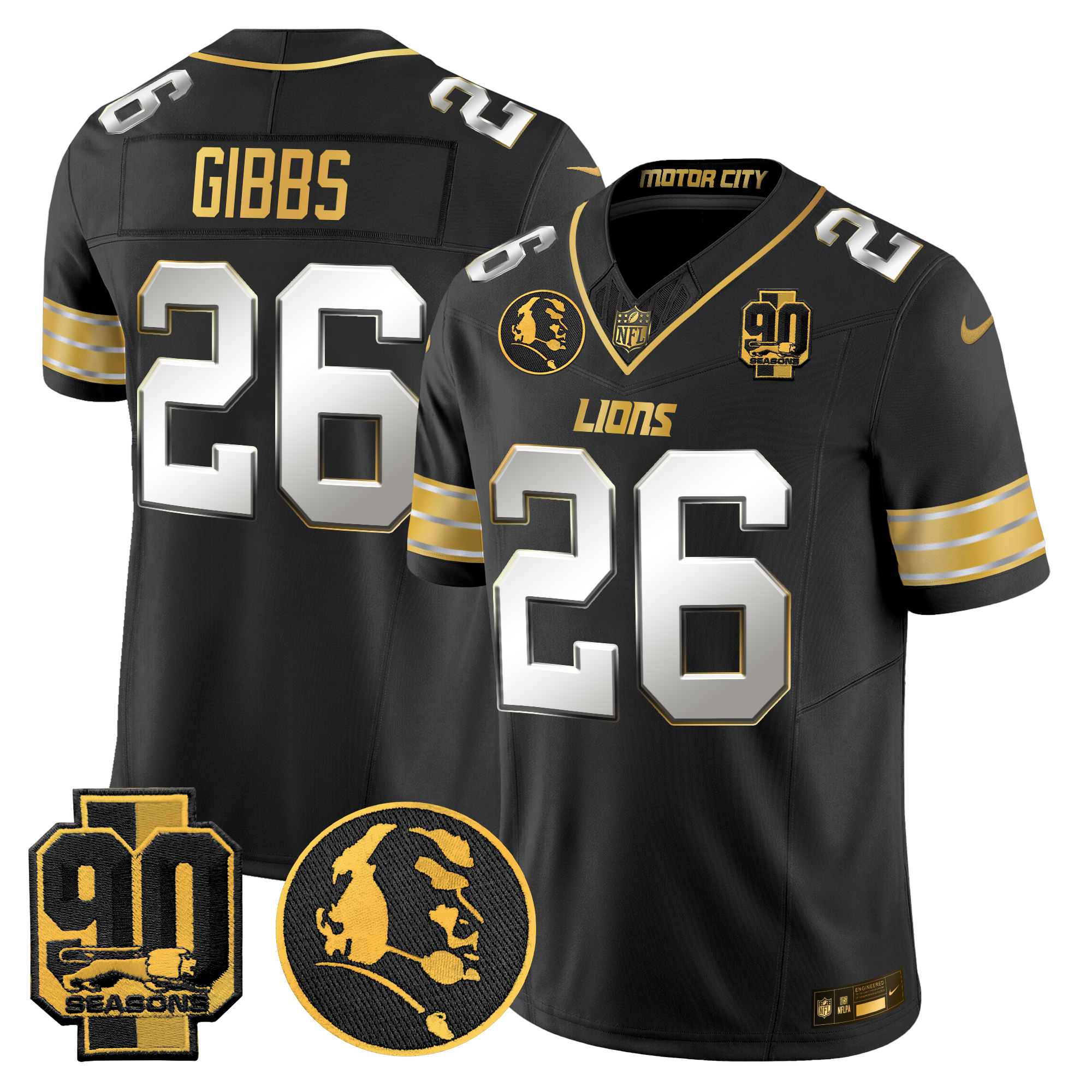 Jahmyr Gibbs Men's Detroit Lions 2024 90th & John Madden Patch Gold Vapor Limited Black Limited Jersey - All Stitched