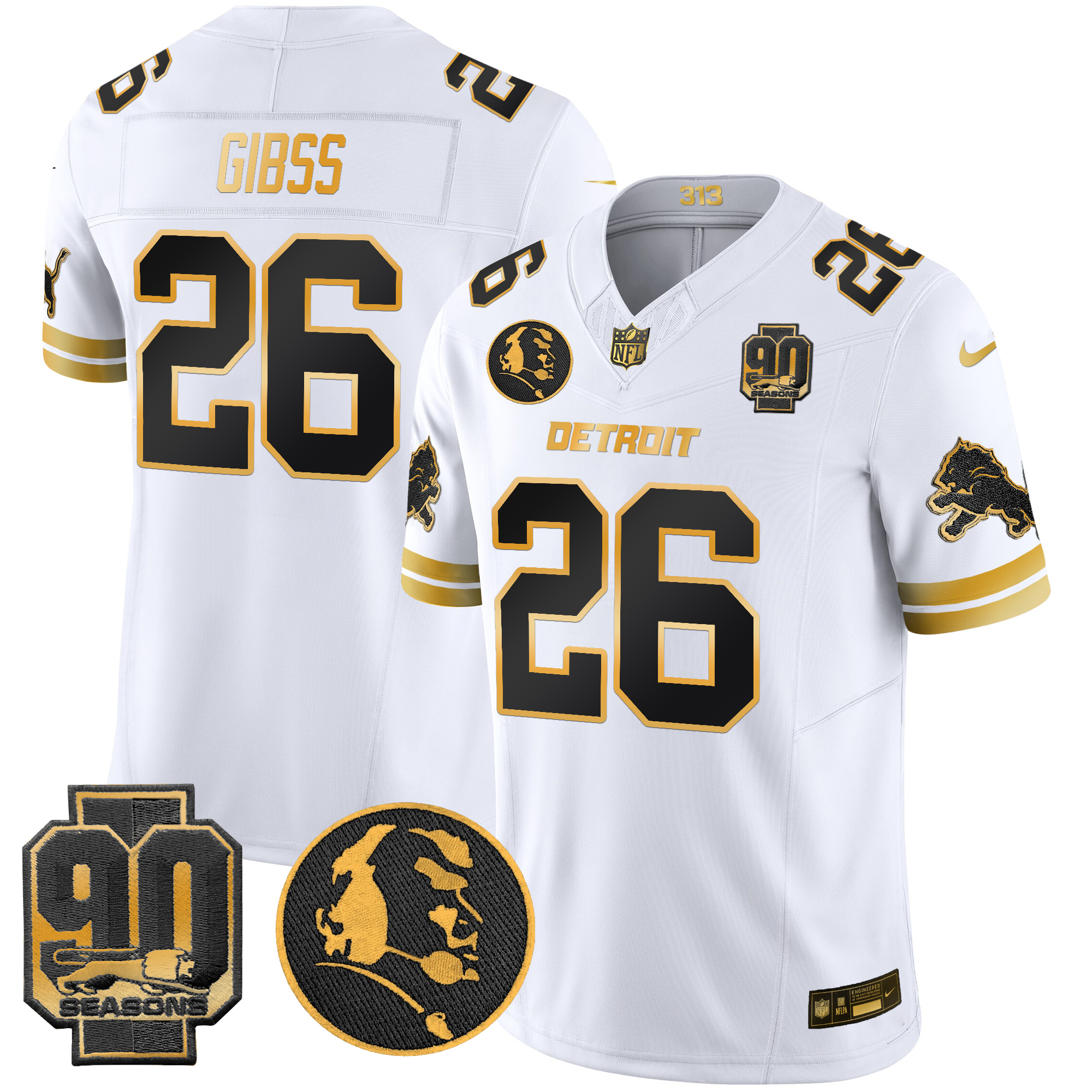 Jahmyr Gibbs Men's Detroit Lions 2024 90th & John Madden Patch Gold Vapor Limited White Gold Jersey - All Stitched