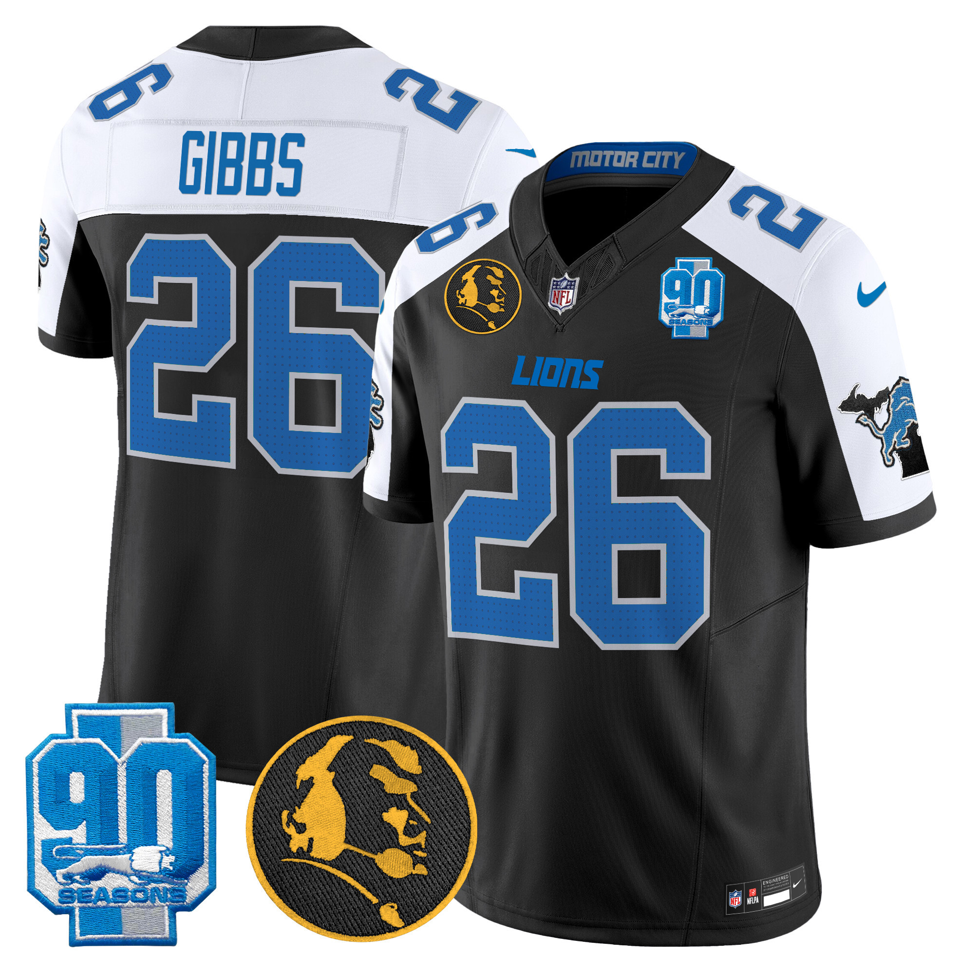 Jahmyr Gibbs Men's Detroit Lions 2024 90th & John Madden Patch Vapor Limited Alternate Jersey - All Stitched