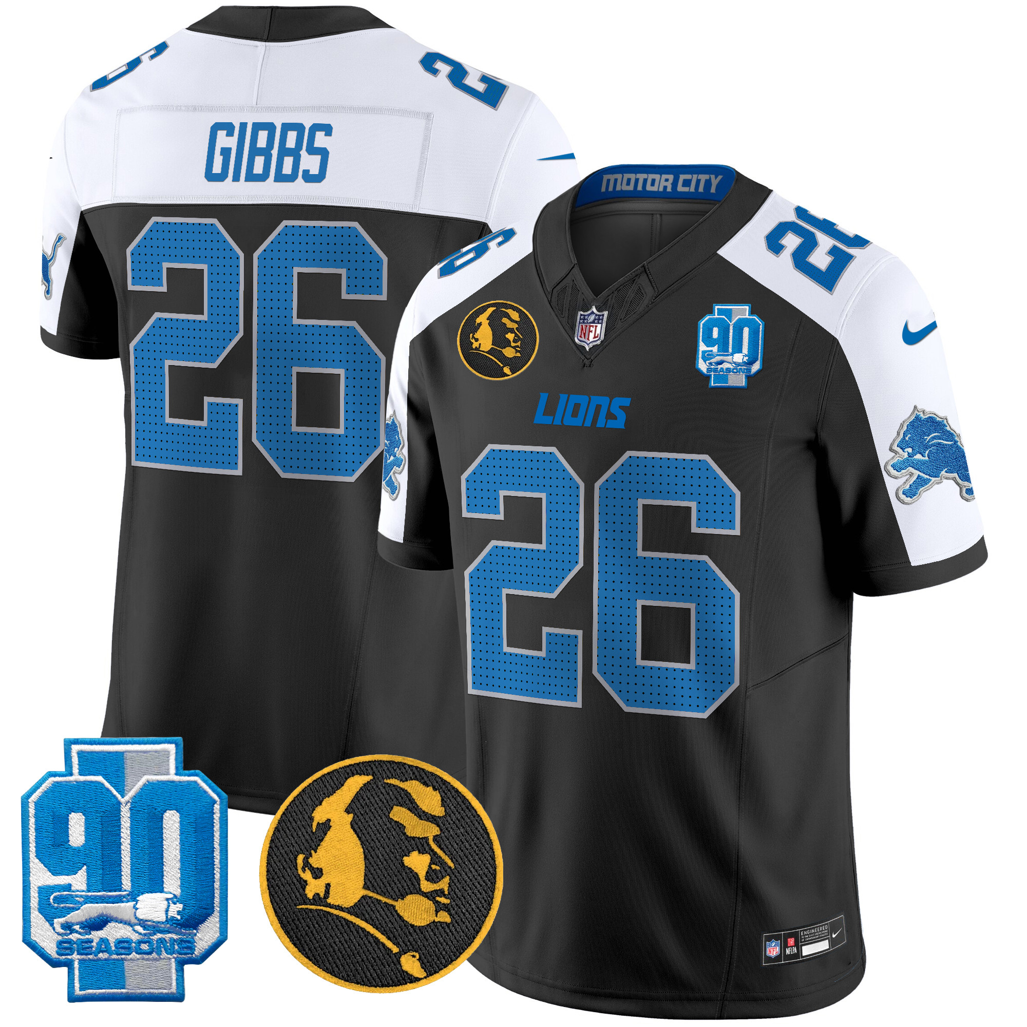 Jahmyr Gibbs Men's Detroit Lions 2024 90th & John Madden Patch Vapor Limited Black Alternate Jersey - All Stitched