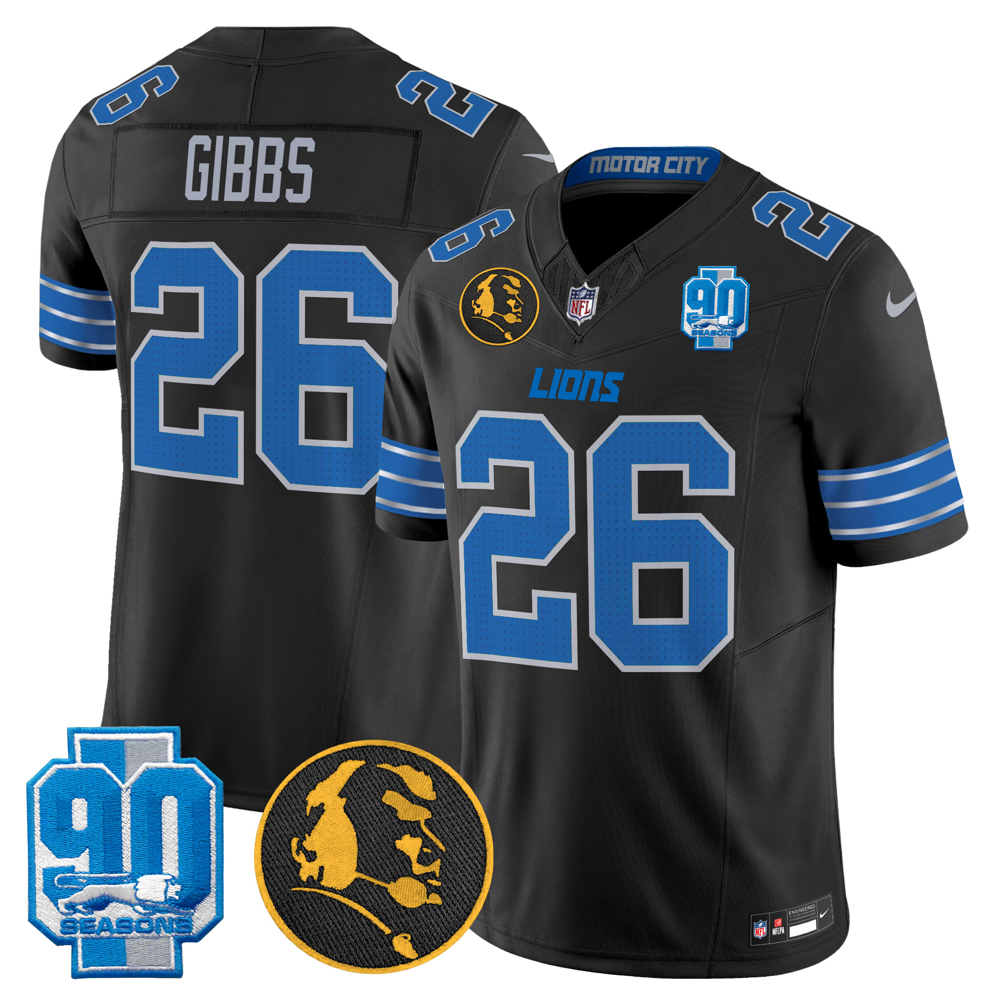 Jahmyr Gibbs Men's Detroit Lions 2024 90th & John Madden Patch Vapor Limited Black Jersey - All Stitched