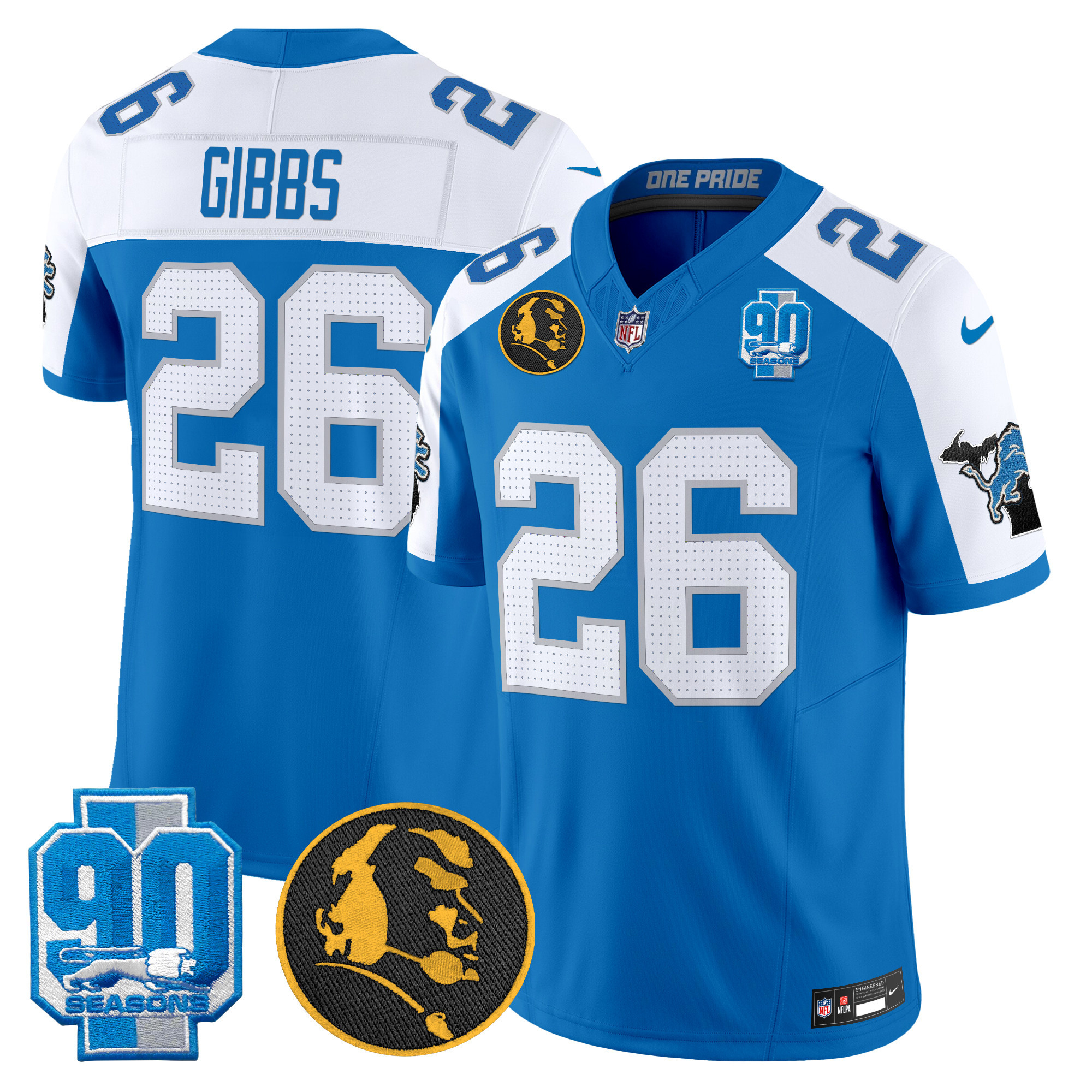 Jahmyr Gibbs Men's Detroit Lions 2024 90th & John Madden Patch Vapor Limited Blue Alternate Jersey - All Stitched