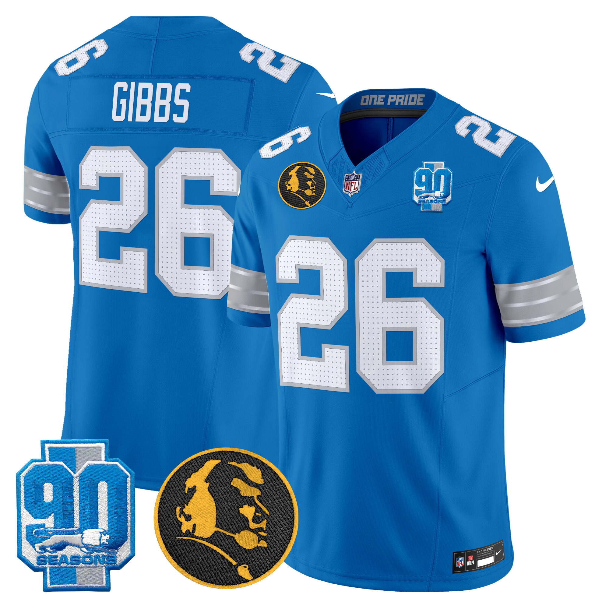 Jahmyr Gibbs Men's Detroit Lions 2024 90th & John Madden Patch Vapor Limited Blue Jersey - All Stitched