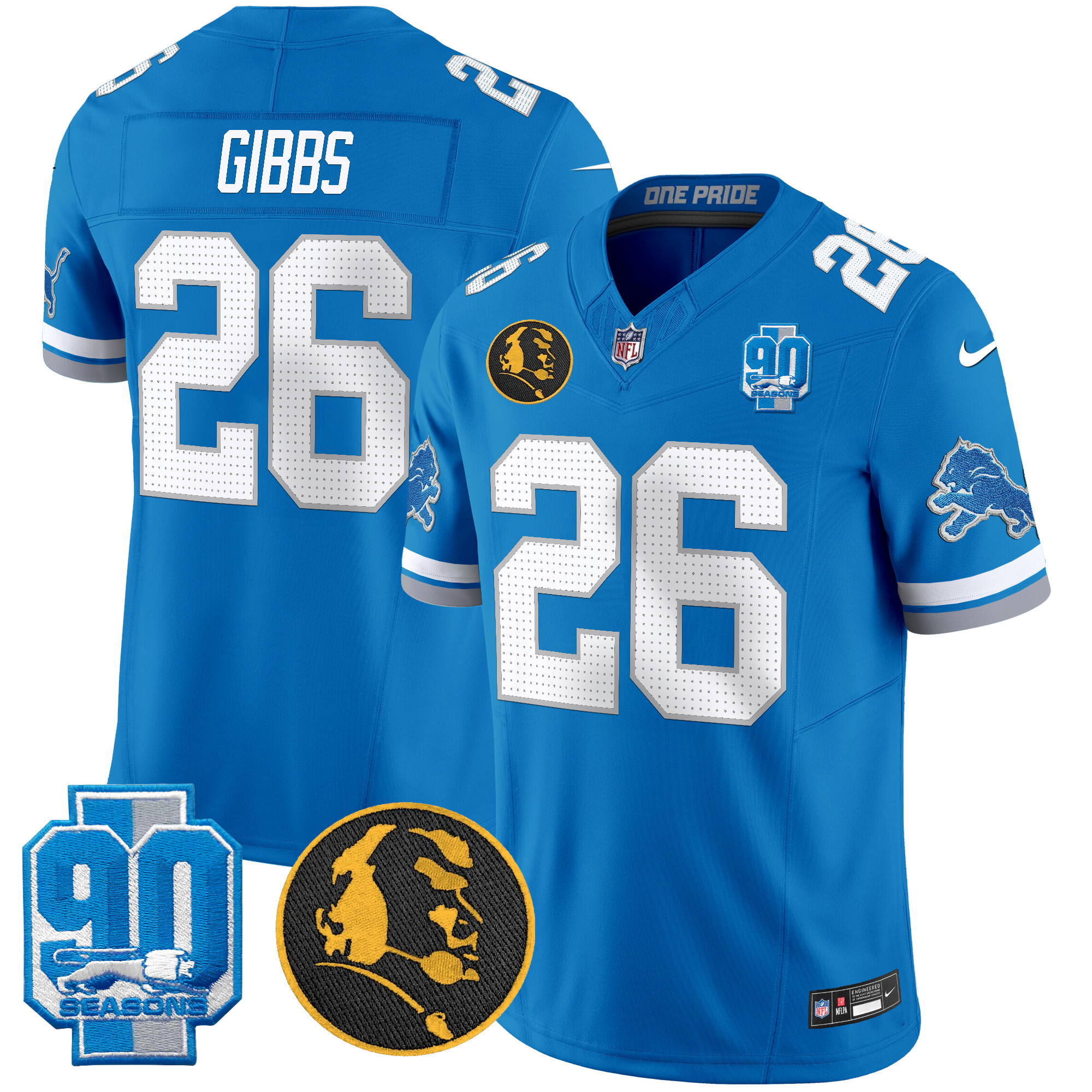 Jahmyr Gibbs Men's Detroit Lions 2024 90th & John Madden Patch Vapor Limited Blue Jersey - All Stitched