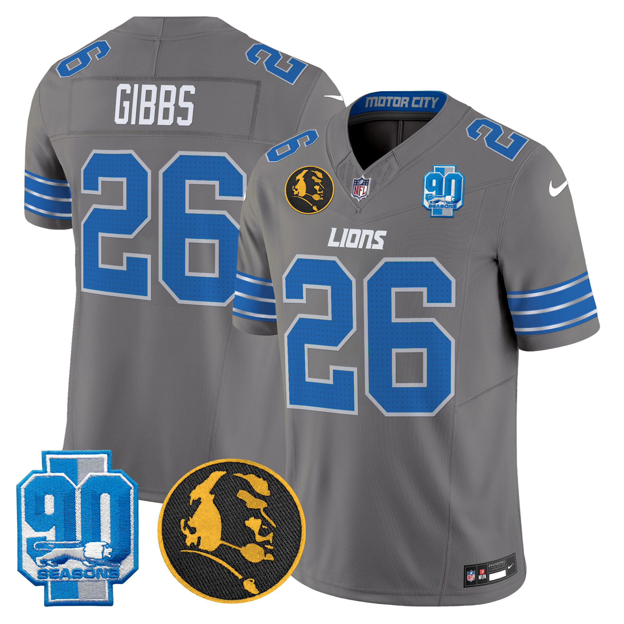 Jahmyr Gibbs Men's Detroit Lions 2024 90th & John Madden Patch Vapor Limited Gray Jersey - All Stitched