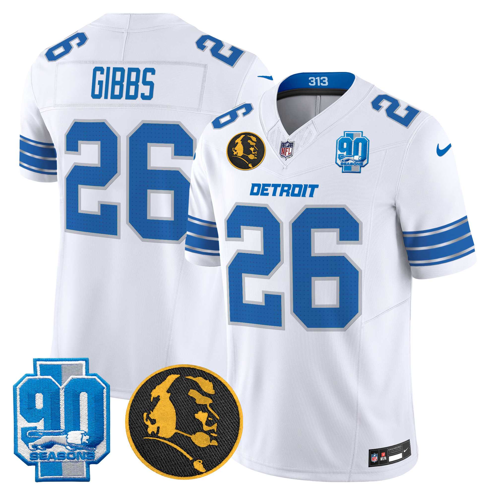 Jahmyr Gibbs Men's Detroit Lions 2024 90th & John Madden Patch Vapor Limited White Jersey - All Stitched