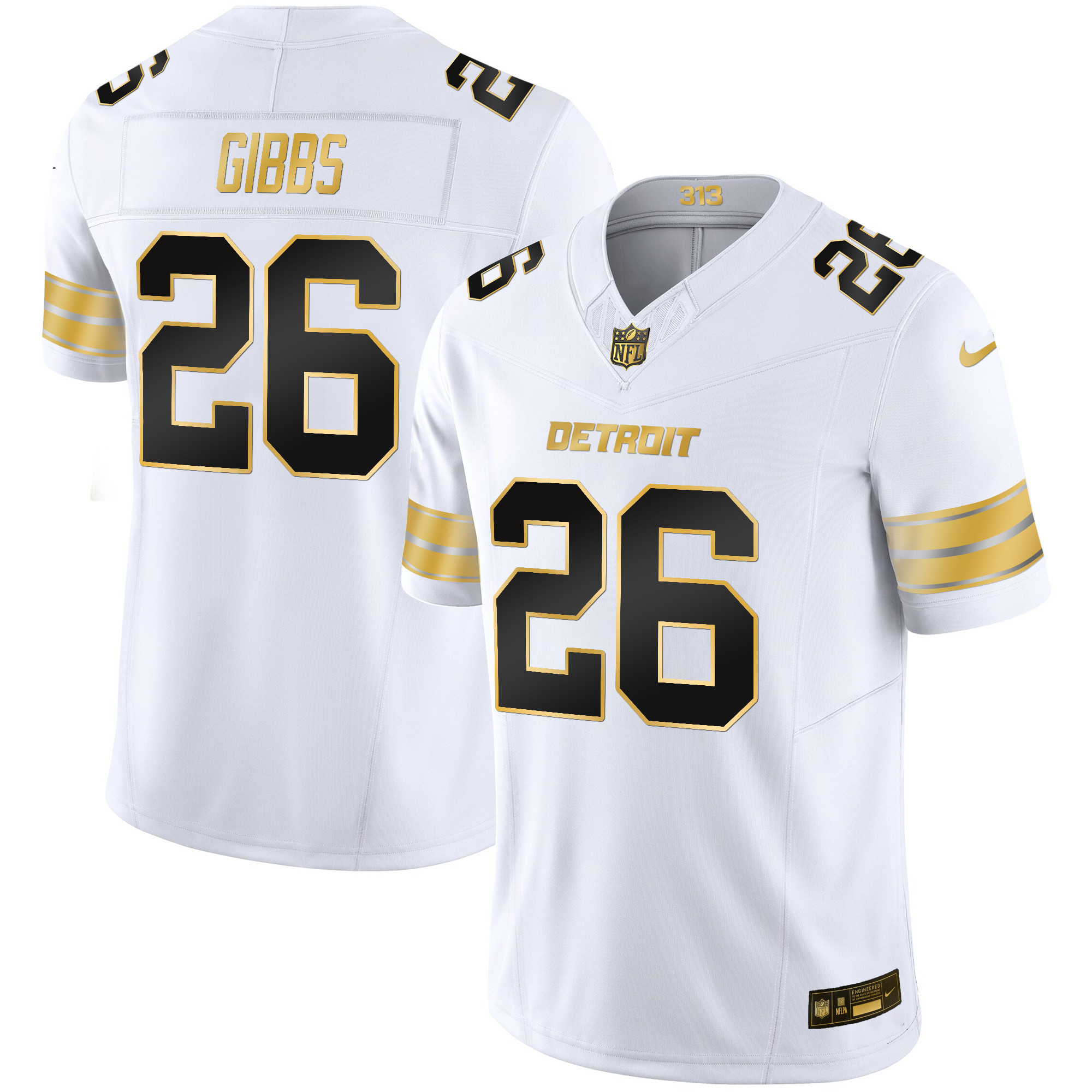Jahmyr Gibbs Men's Detroit Lions 2024 Gold Vapor Limited White Gold Jersey - All Stitched
