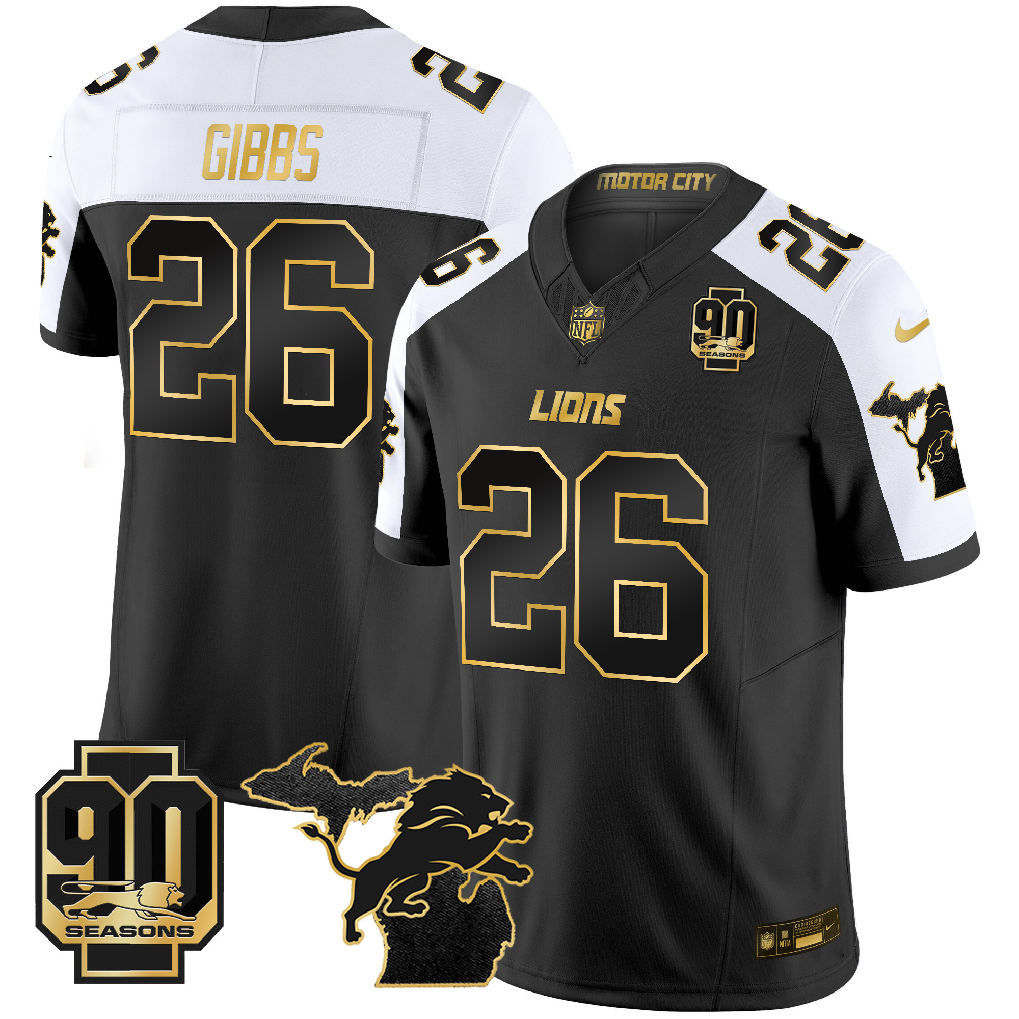 Jahmyr Gibbs Men's Detroit Lions 2024 Michigan & 90th Season Patch Gold Vapor Limited Alternate Jersey - All Stitched