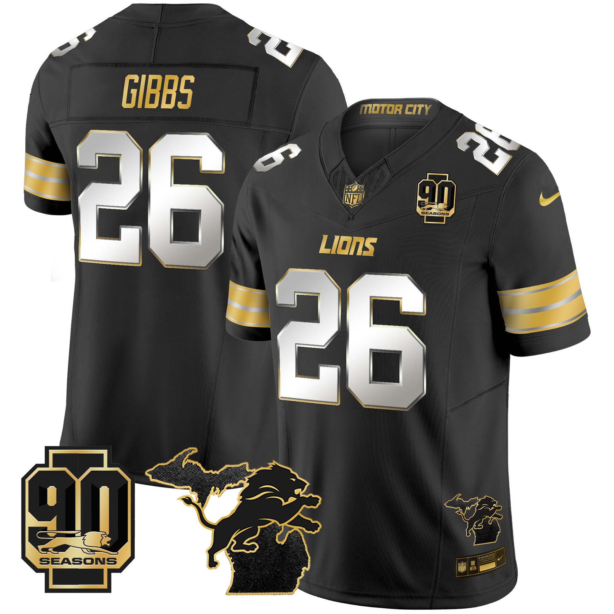 Jahmyr Gibbs Men's Detroit Lions 2024 Michigan & 90th Season Patch Gold Vapor Limited Black Limited Jersey - All Stitched