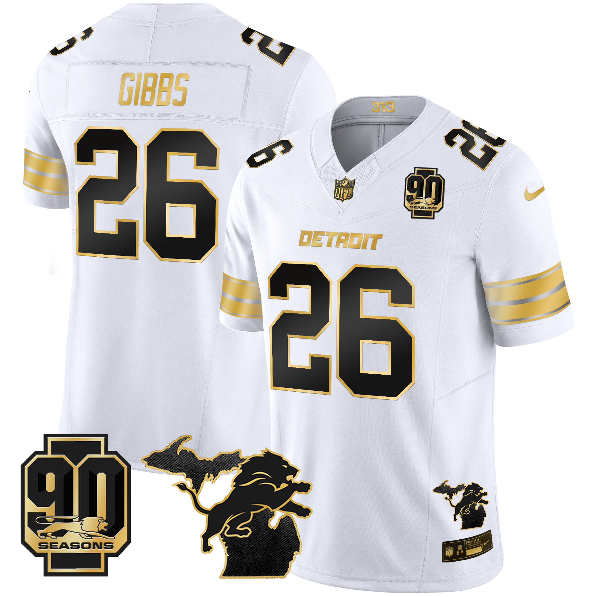 Jahmyr Gibbs Men's Detroit Lions 2024 Michigan & 90th Season Patch Gold Vapor Limited White Gold Jersey - All Stitched