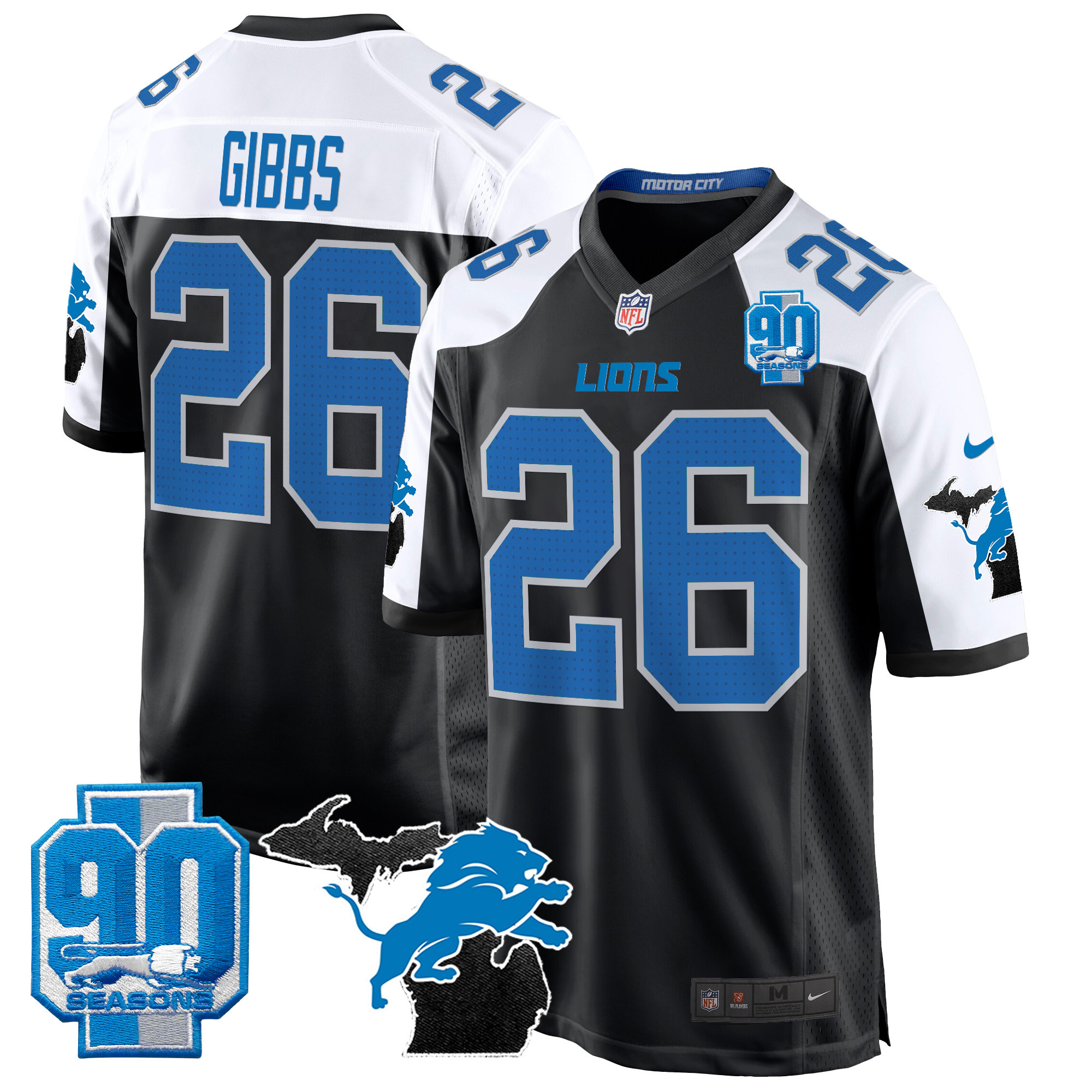 Jahmyr Gibbs Men's Detroit Lions 2024 Michigan & 90th Year Patch Game Alternate Jersey - All Stitched
