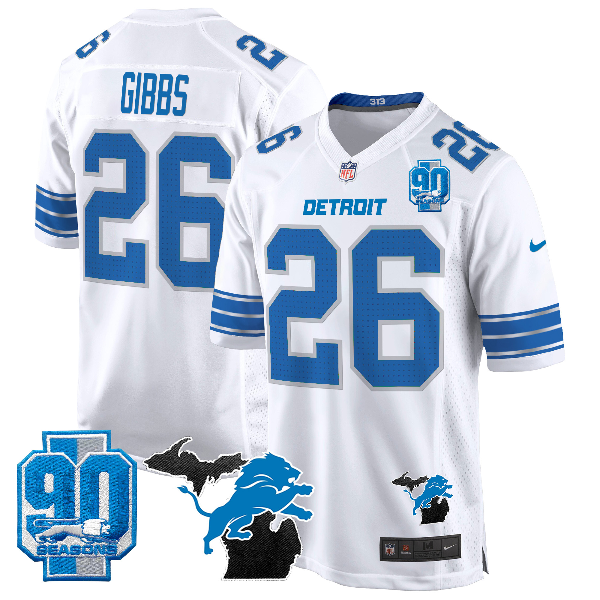 Jahmyr Gibbs Men's Detroit Lions 2024 Michigan & 90th Year Patch Game White Jersey - All Stitched
