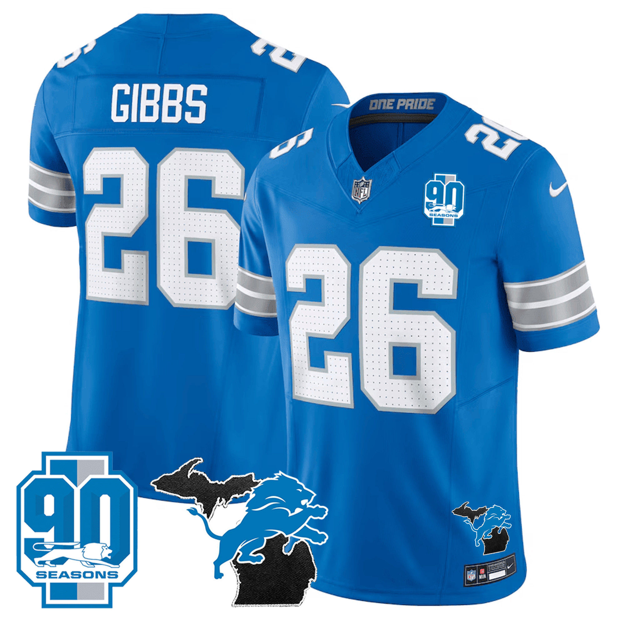 Jahmyr Gibbs Men's Detroit Lions 2024 Michigan & 90th Year Patch Vapor Blue Jersey - All Stitched