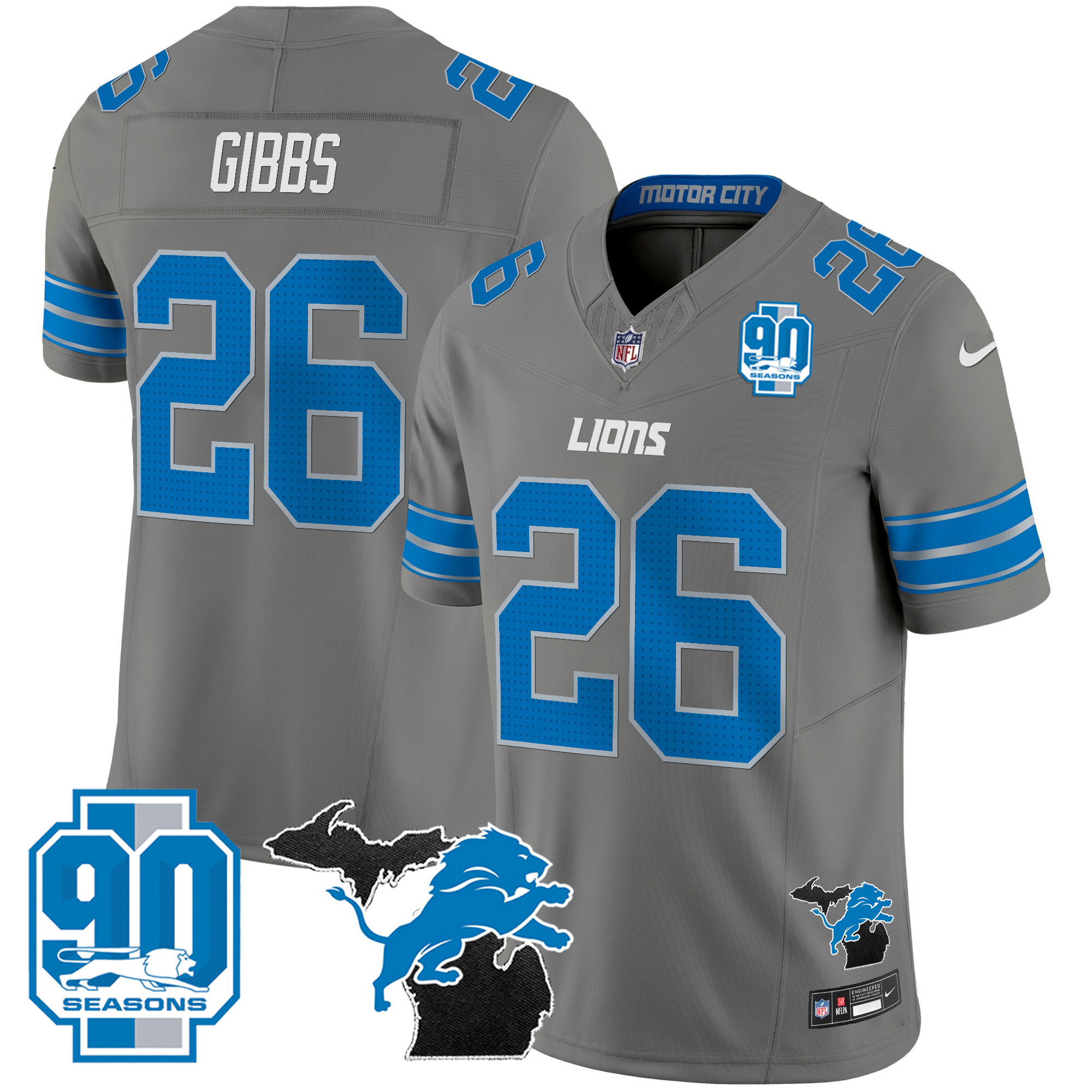 Jahmyr Gibbs Men's Detroit Lions 2024 Michigan & 90th Year Patch Vapor Gray Jersey - All Stitched