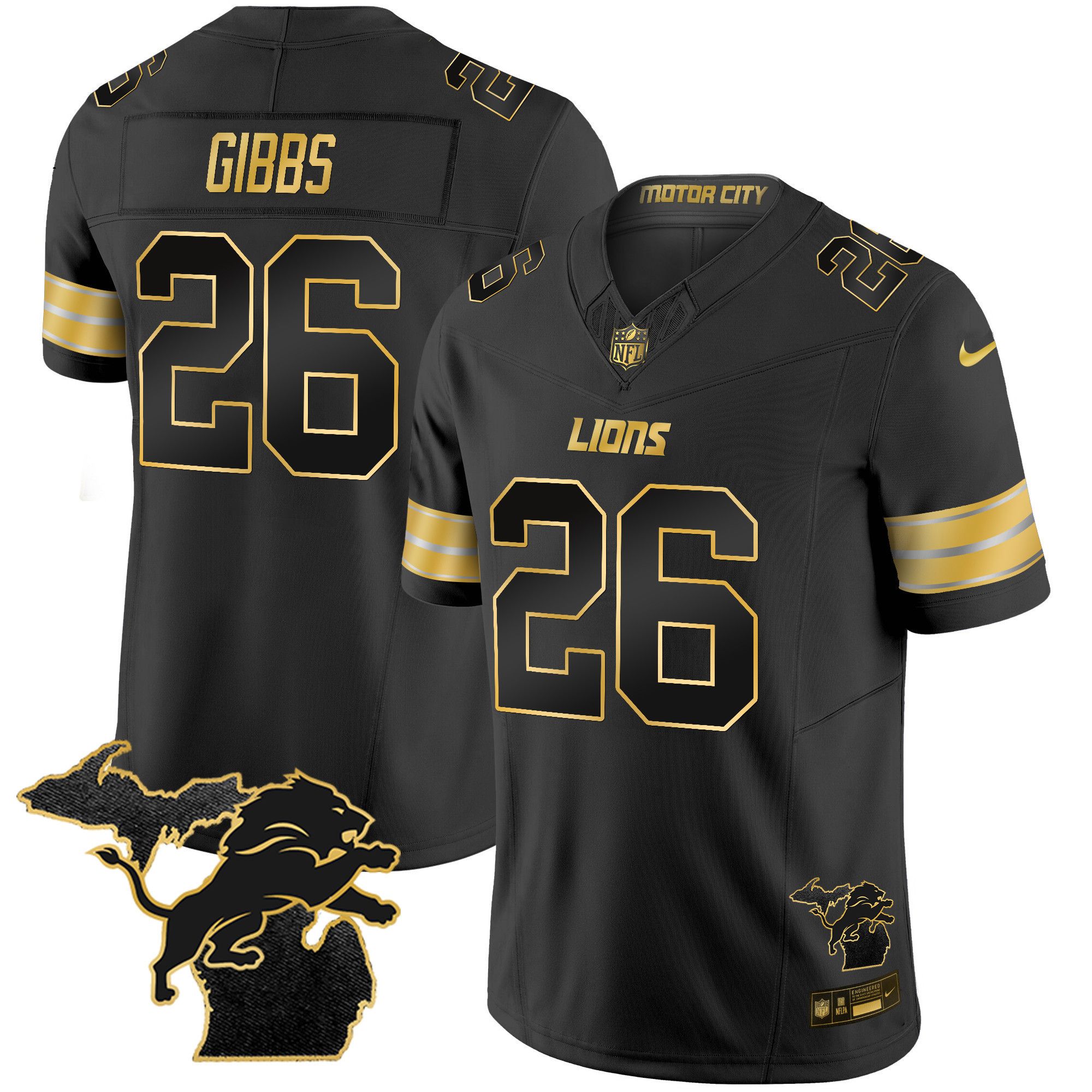 Jahmyr Gibbs Men's Detroit Lions 2024 Michigan Patch Gold Vapor Black Gold Jersey - All Stitched
