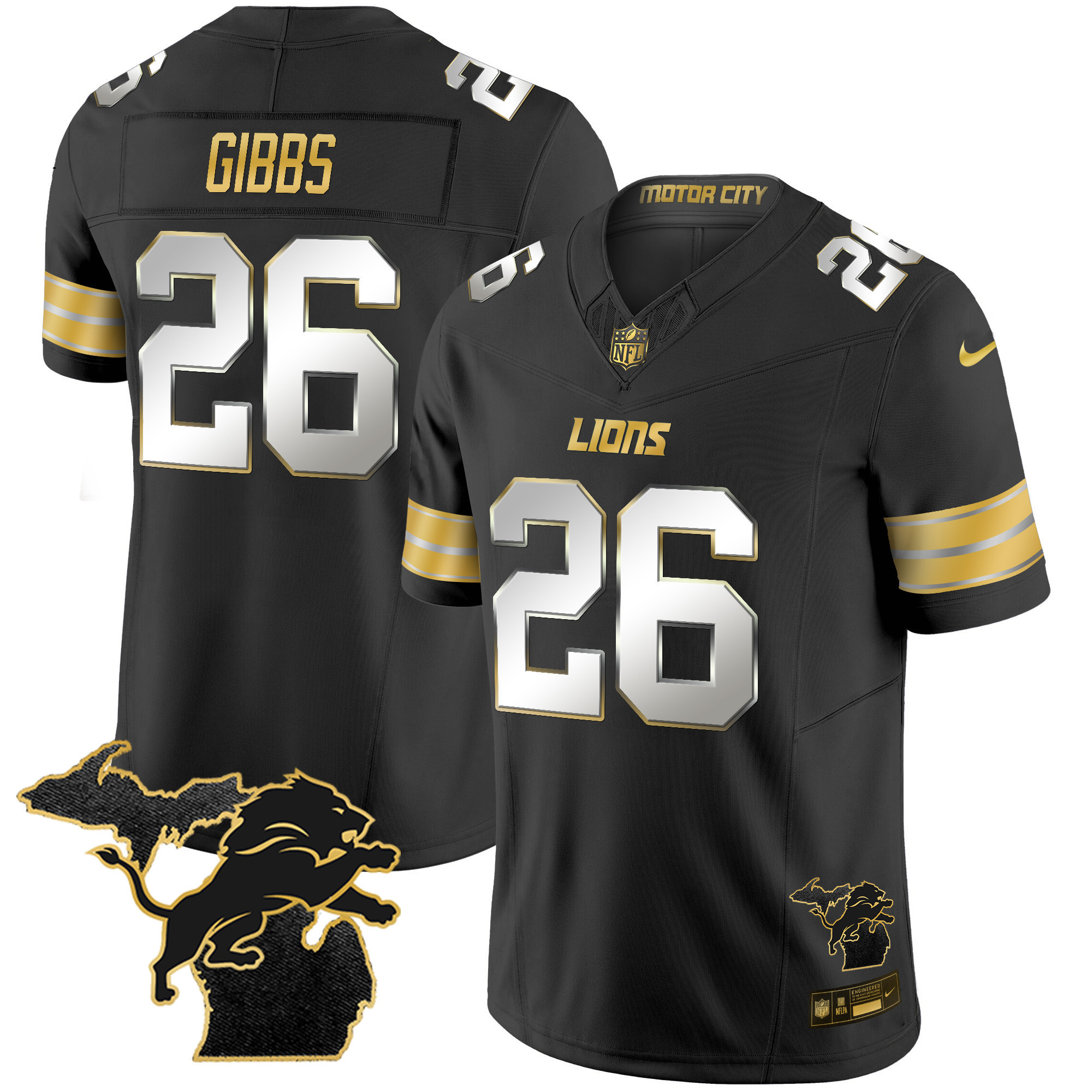 Jahmyr Gibbs Men's Detroit Lions 2024 Michigan Patch Gold Vapor Black Limited Jersey - All Stitched