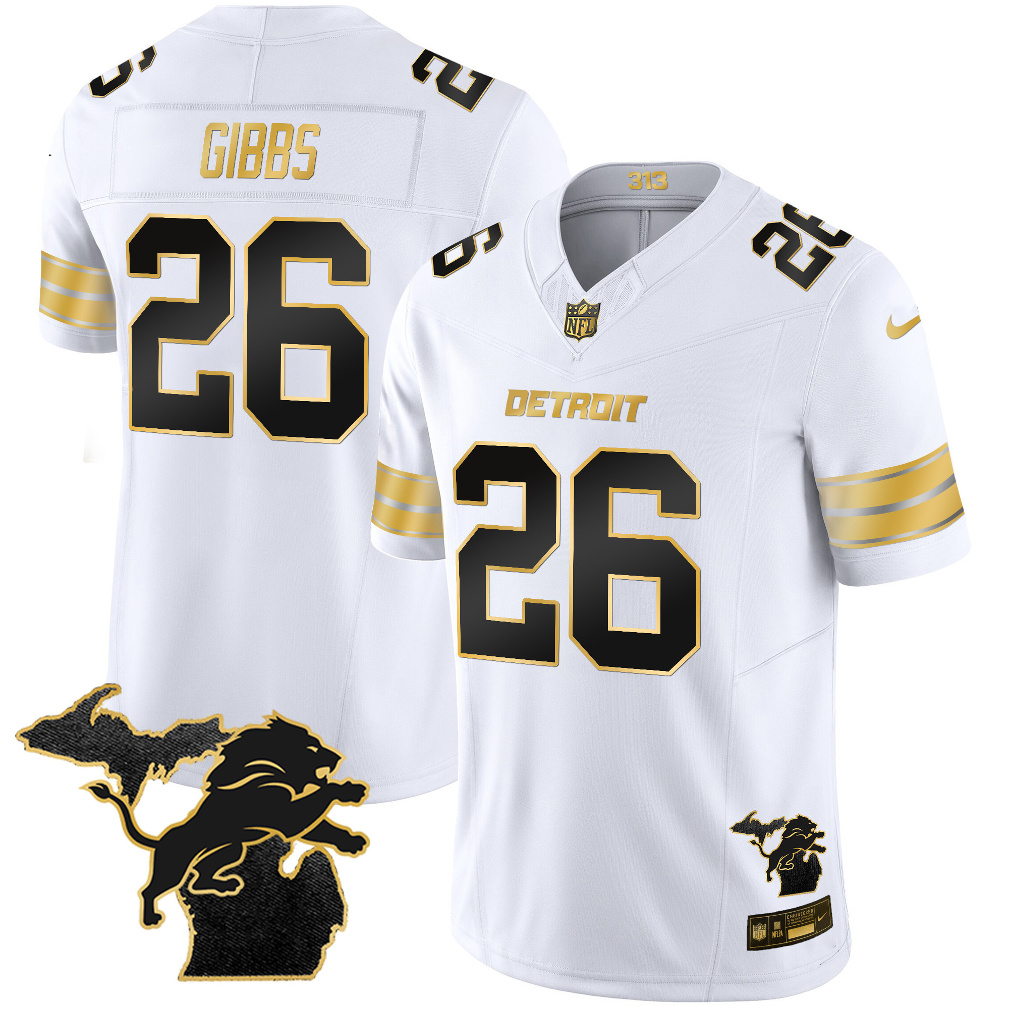 Jahmyr Gibbs Men's Detroit Lions 2024 Michigan Patch Gold Vapor White Gold Jersey - All Stitched