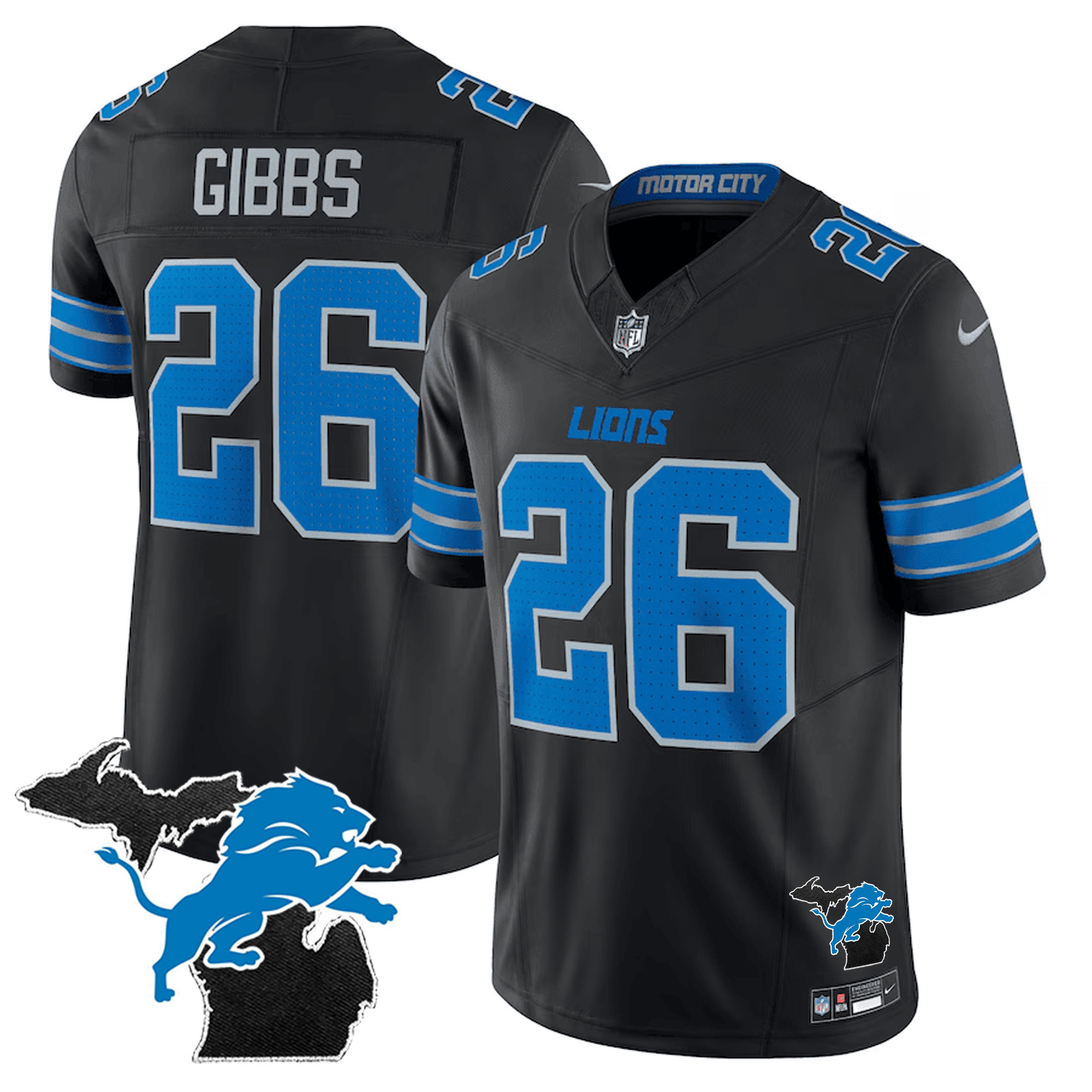 Jahmyr Gibbs Men's Detroit Lions 2024 Michigan Patch Vapor Limited Black Jersey - All Stitched