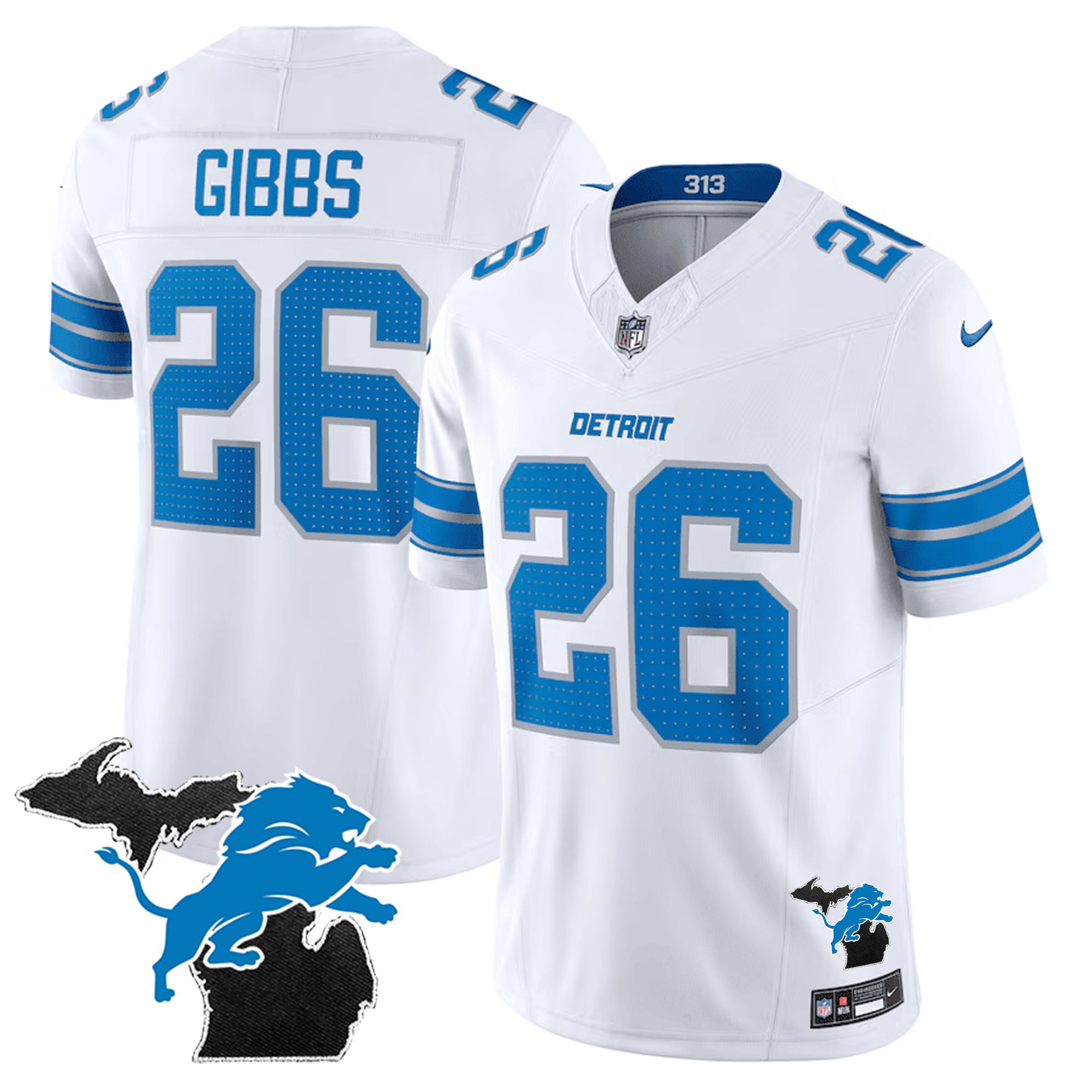 Jahmyr Gibbs Men's Detroit Lions 2024 Michigan Patch Vapor Limited White Jersey - All Stitched