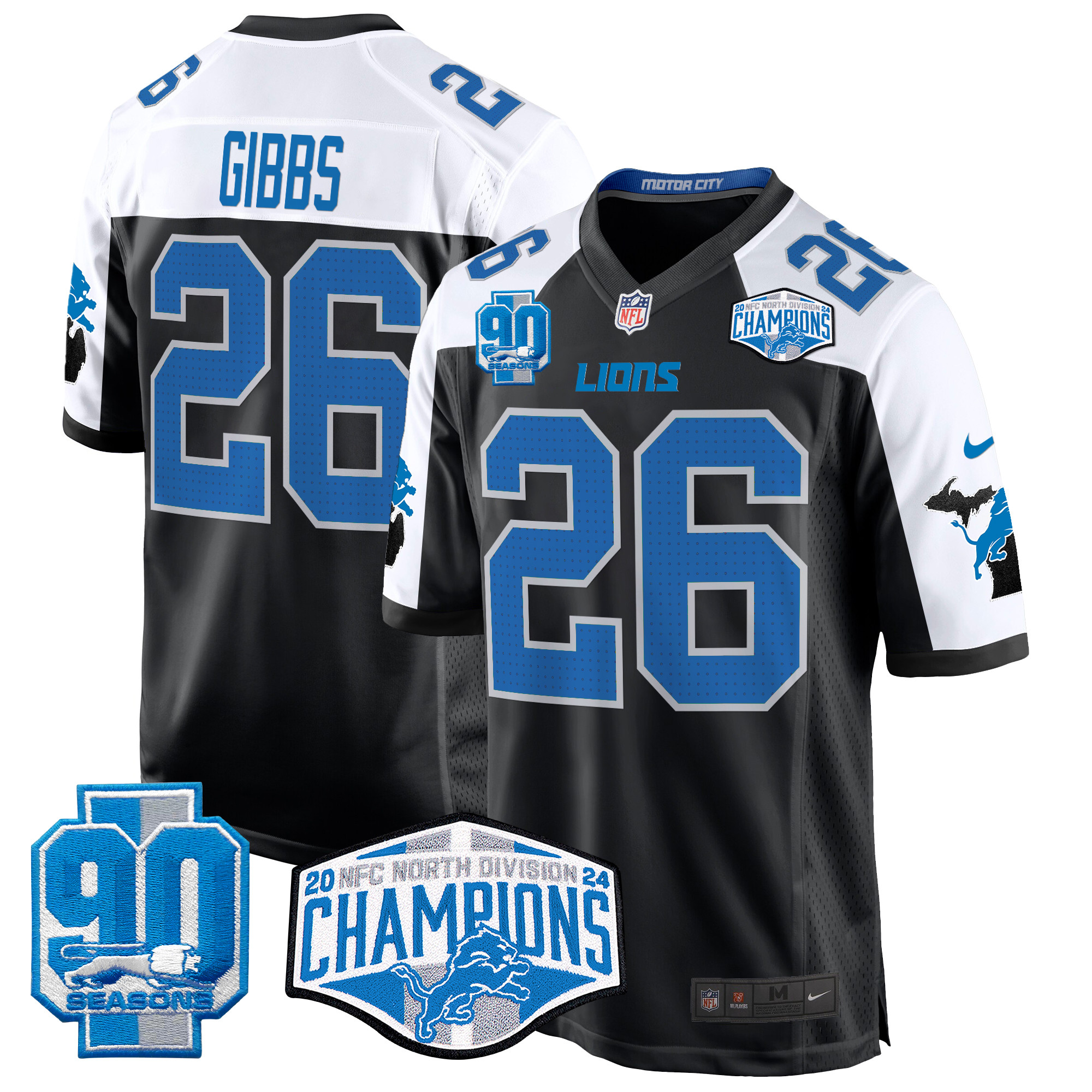 Jahmyr Gibbs Men's Detroit Lions 2024 NFC North Division Champions Patch Game Black Alternate Jersey - All Stitched