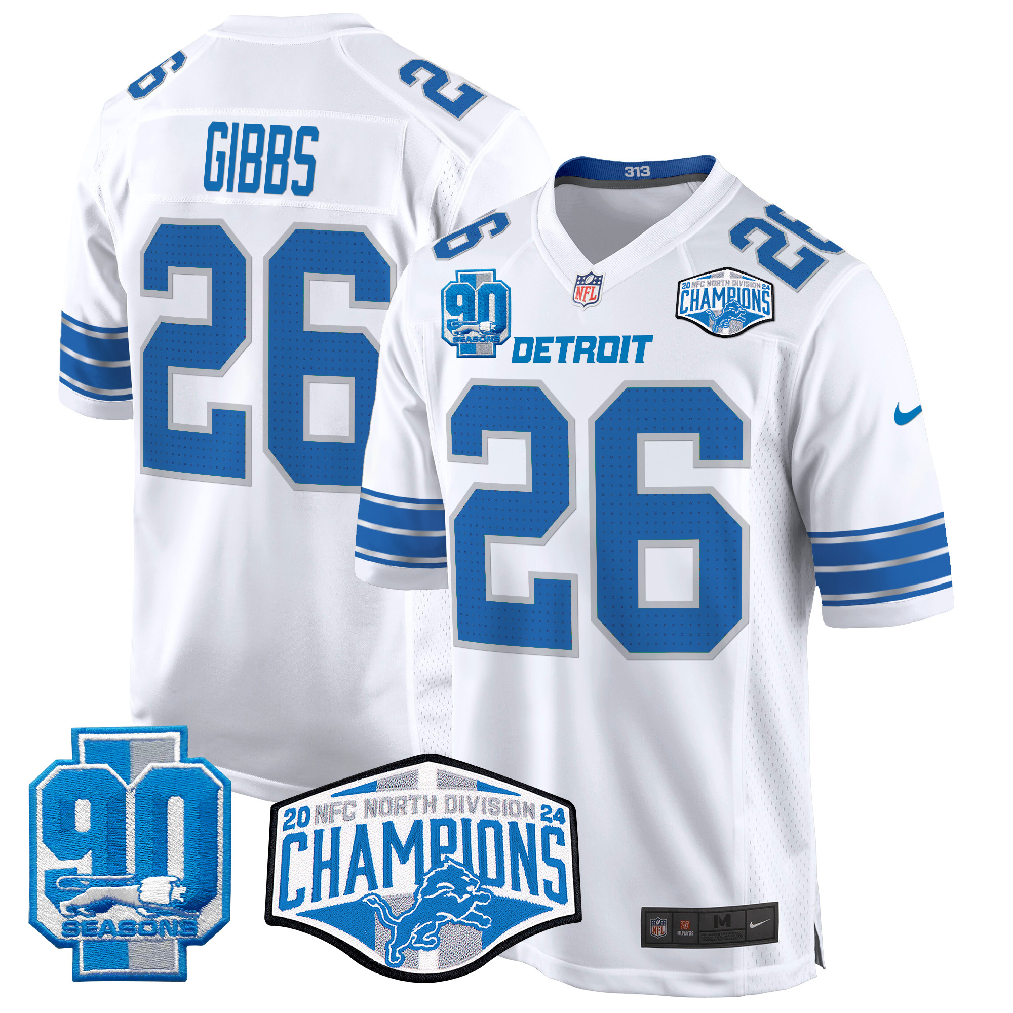 Jahmyr Gibbs Men's Detroit Lions 2024 NFC North Division Champions Patch Game White Jersey - All Stitched