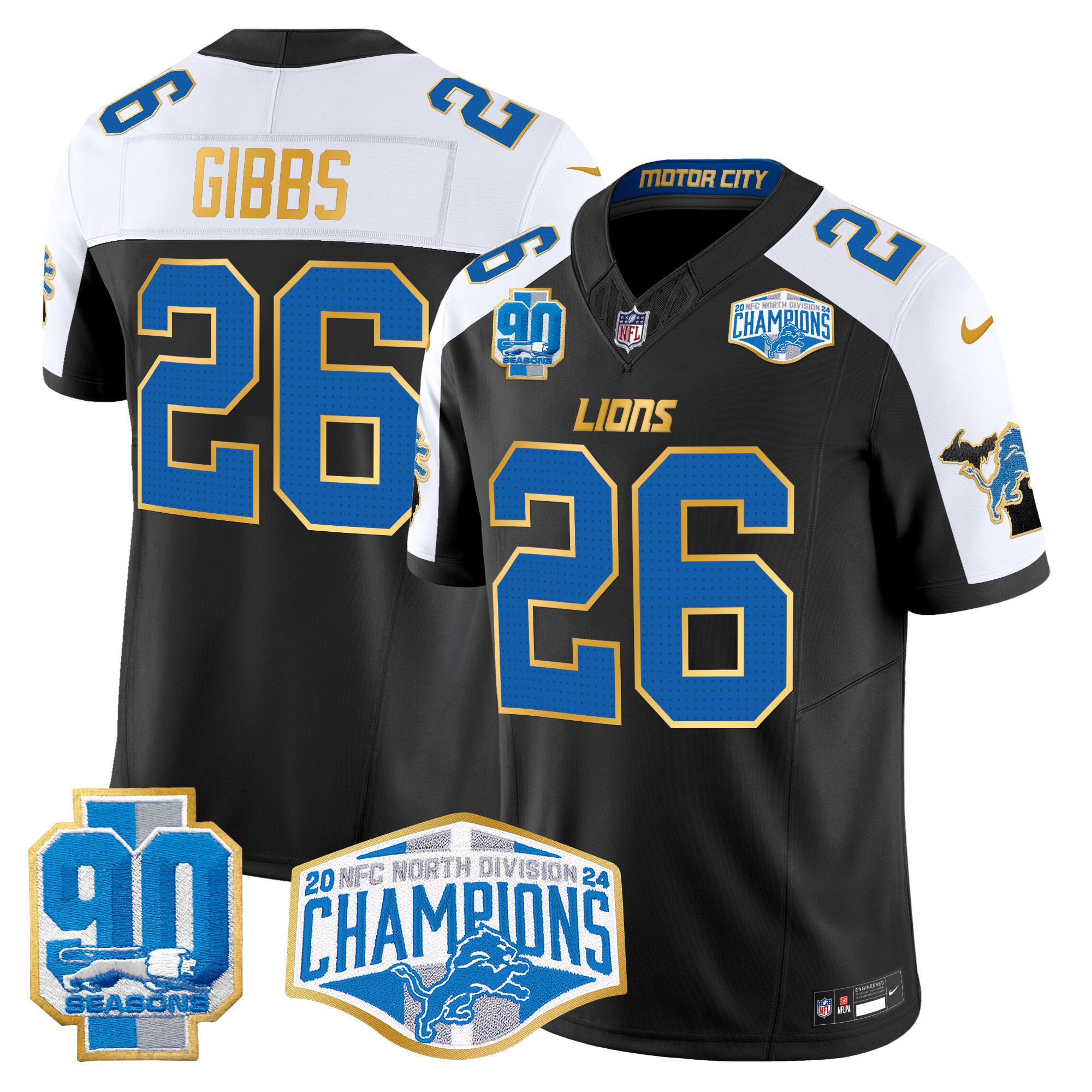 Jahmyr Gibbs Men's Detroit Lions 2024 NFC North Division Champions Patch Gold Trim Vapor Limited Black Alternate Jersey - All Stitched