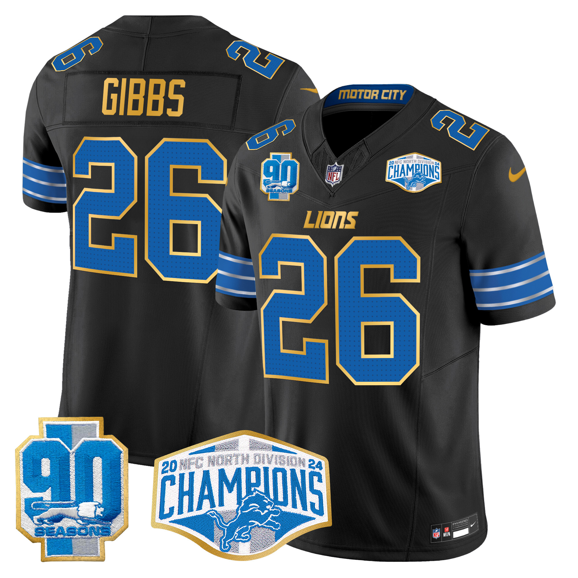 Jahmyr Gibbs Men's Detroit Lions 2024 NFC North Division Champions Patch Gold Trim Vapor Limited Black Jersey - All Stitched