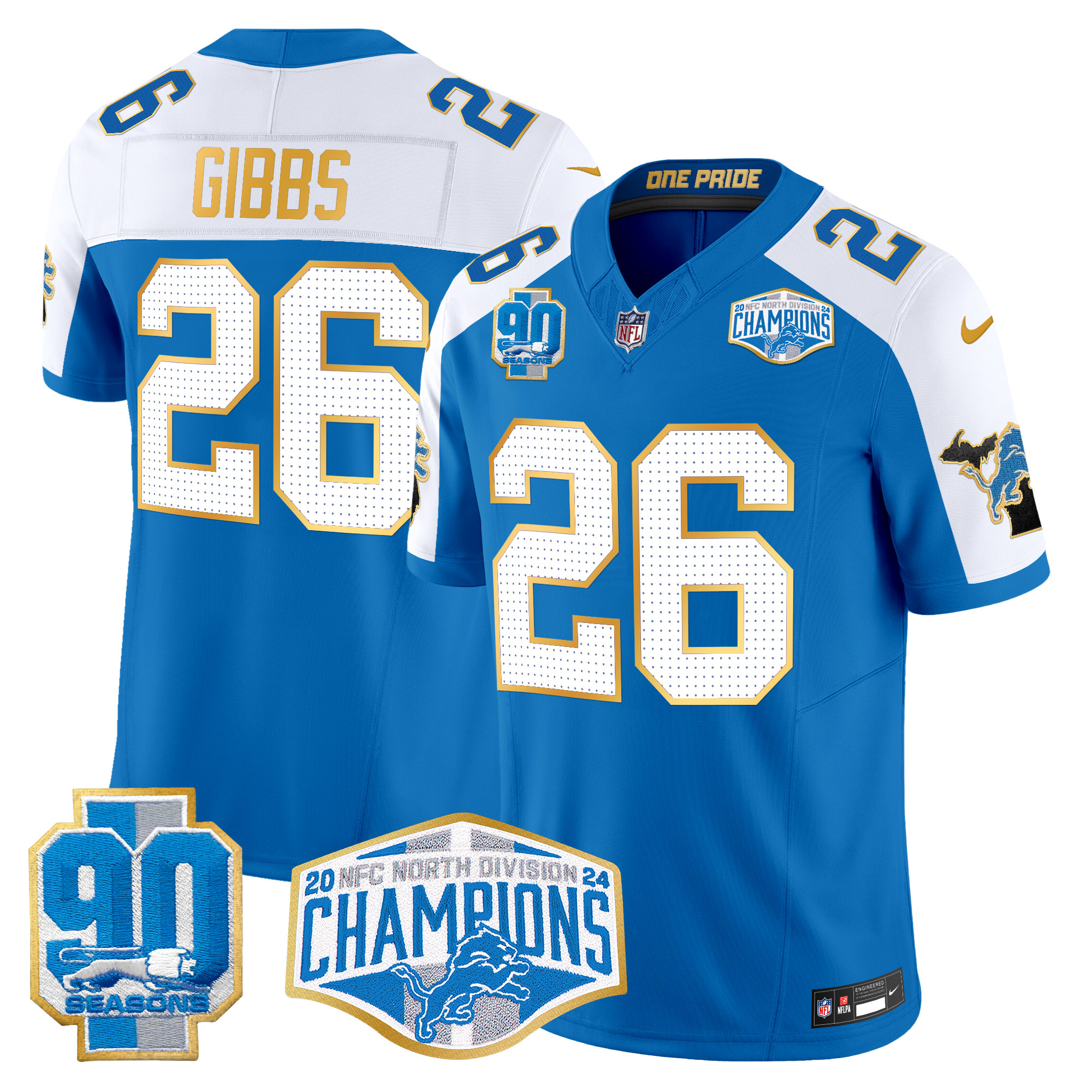 Jahmyr Gibbs Men's Detroit Lions 2024 NFC North Division Champions Patch Gold Trim Vapor Limited Blue Alternate Jersey - All Stitched