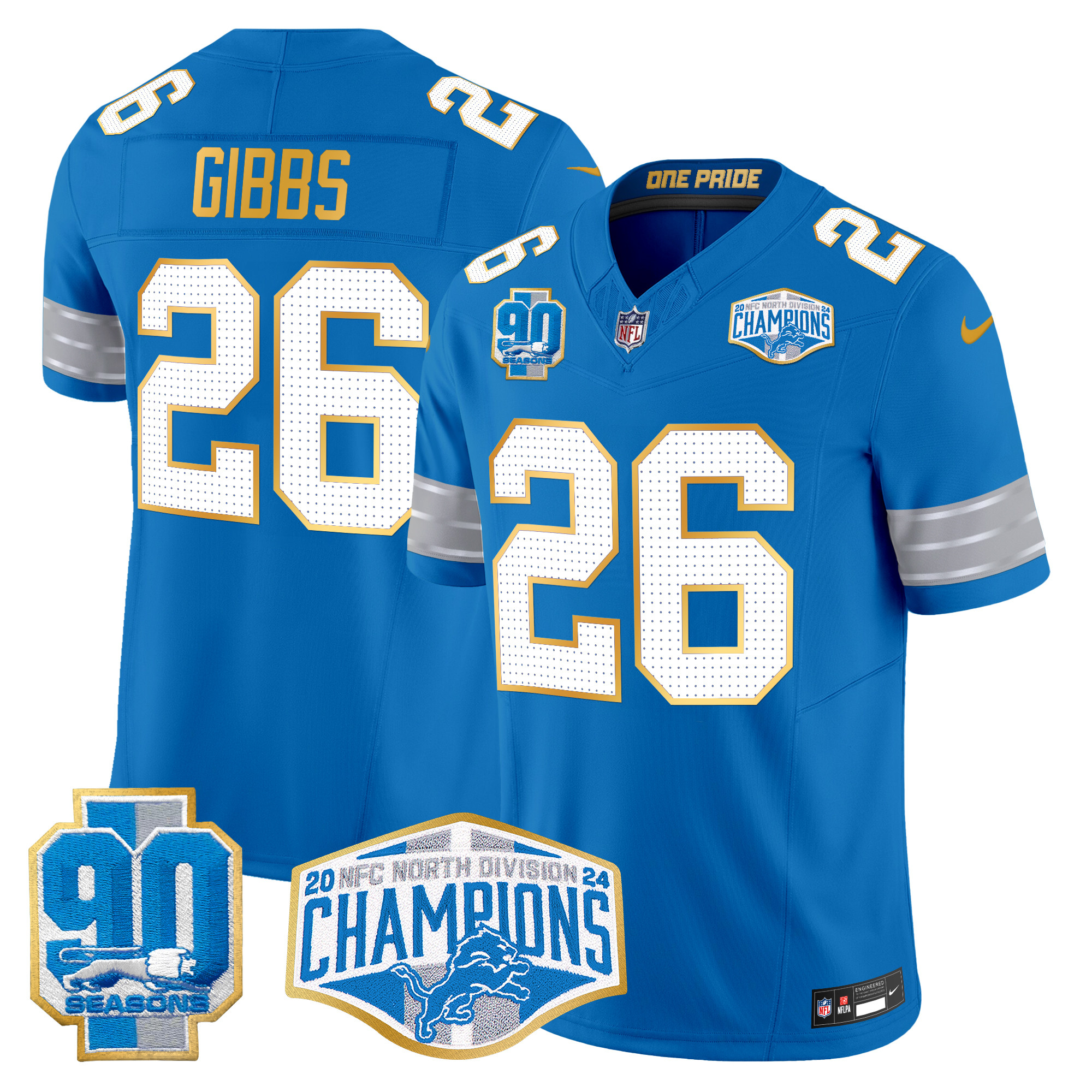 Jahmyr Gibbs Men's Detroit Lions 2024 NFC North Division Champions Patch Gold Trim Vapor Limited Blue Jersey - All Stitched