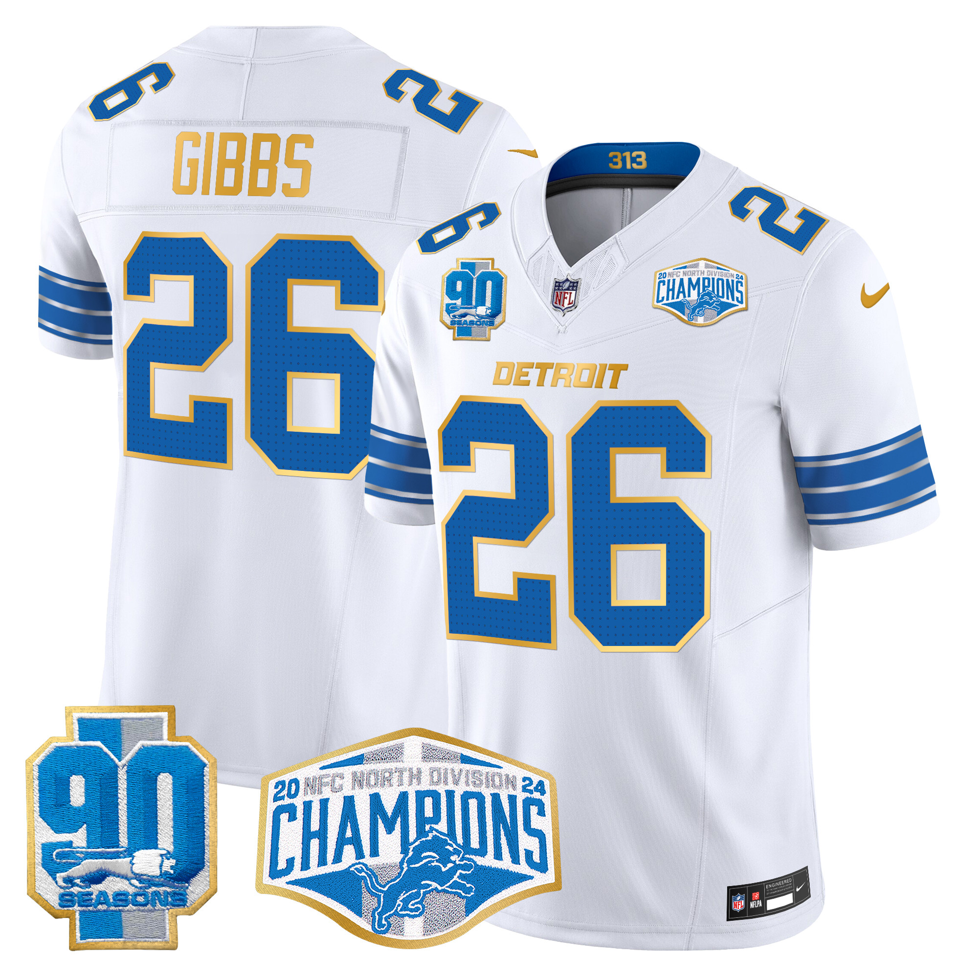 Jahmyr Gibbs Men's Detroit Lions 2024 NFC North Division Champions Patch Gold Trim Vapor Limited White Jersey - All Stitched