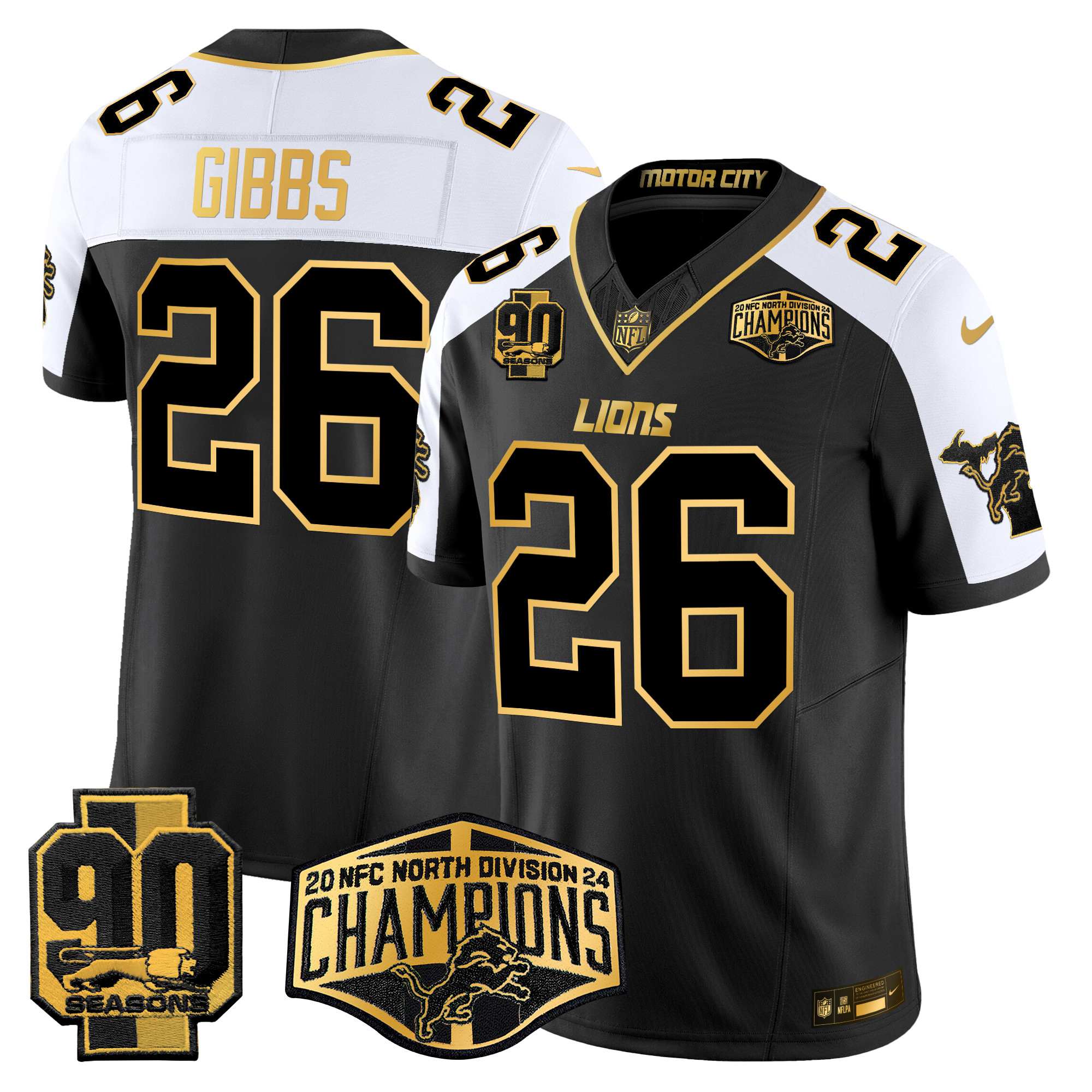 Jahmyr Gibbs Men's Detroit Lions 2024 NFC North Division Champions Patch Gold Vapor Limited Alternate Jersey - All Stitched