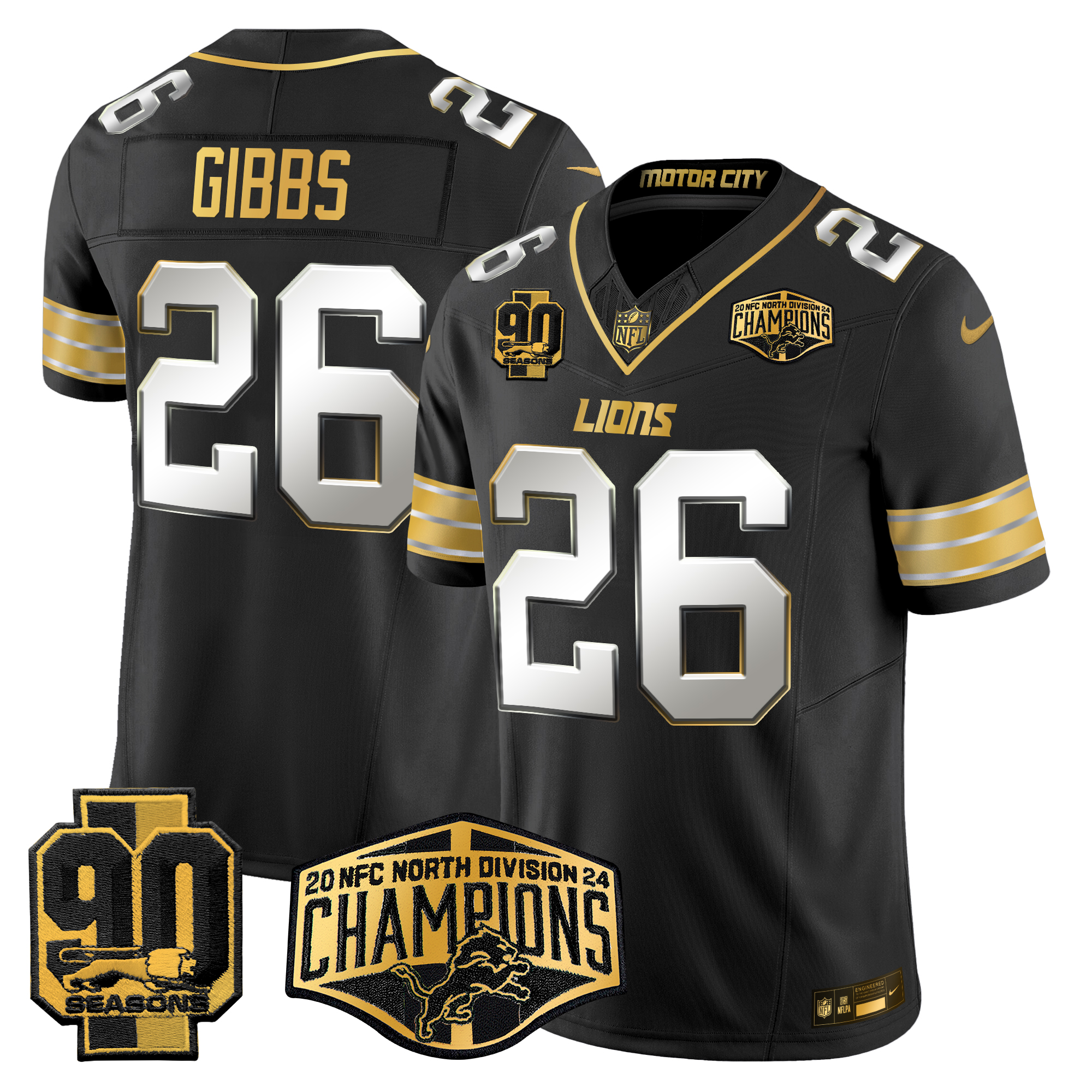 Jahmyr Gibbs Men's Detroit Lions 2024 NFC North Division Champions Patch Gold Vapor Limited Black Limited Jersey - All Stitched