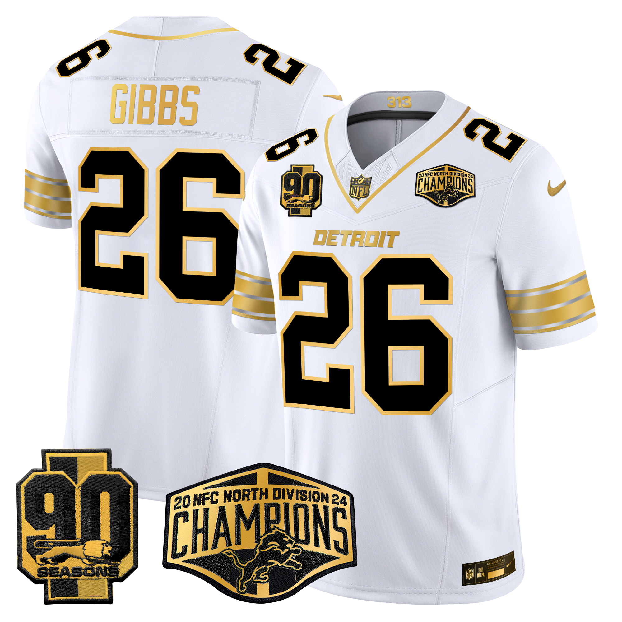Jahmyr Gibbs Men's Detroit Lions 2024 NFC North Division Champions Patch Gold Vapor Limited White Gold Jersey - All Stitched