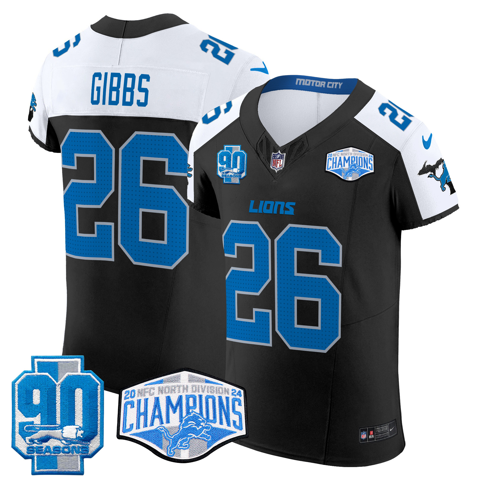 Jahmyr Gibbs Men's Detroit Lions 2024 NFC North Division Champions Patch Vapor Elite Black Alternate Jersey - All Stitched