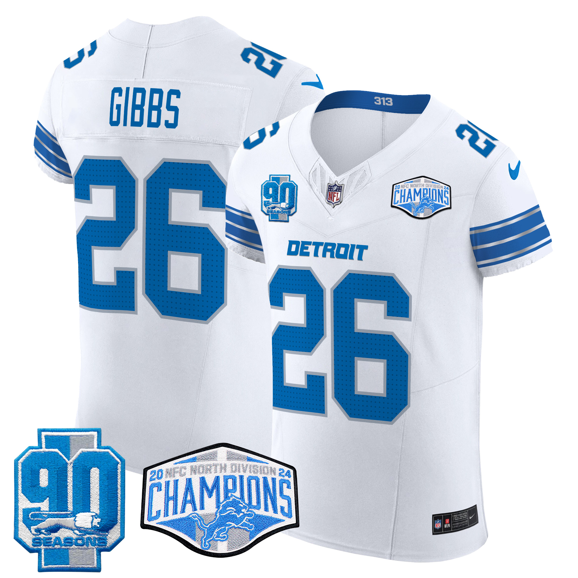 Jahmyr Gibbs Men's Detroit Lions 2024 NFC North Division Champions Patch Vapor Elite White Jersey - All Stitched