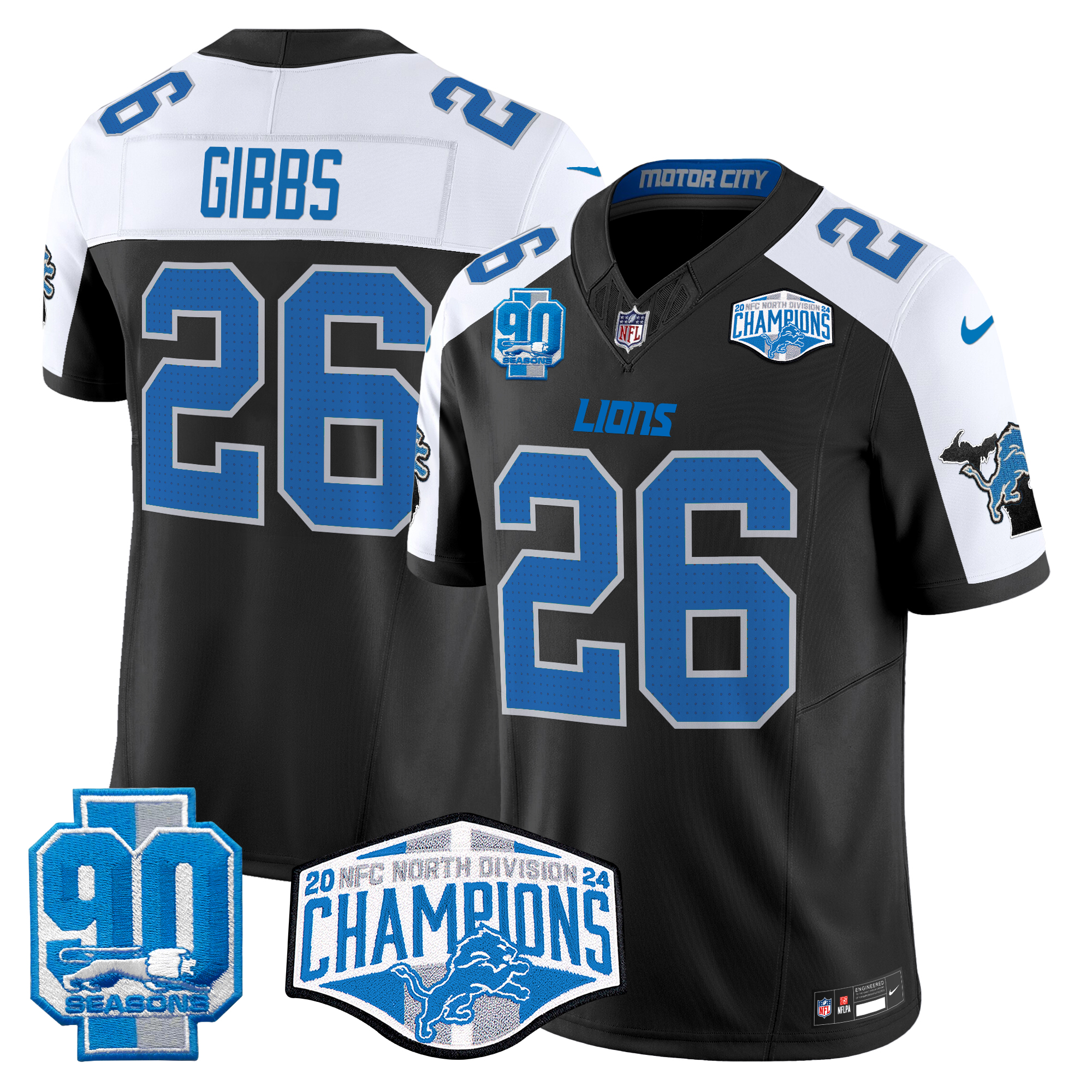 Jahmyr Gibbs Men's Detroit Lions 2024 NFC North Division Champions Patch Vapor Limited Black Alternate Jersey - All Stitched