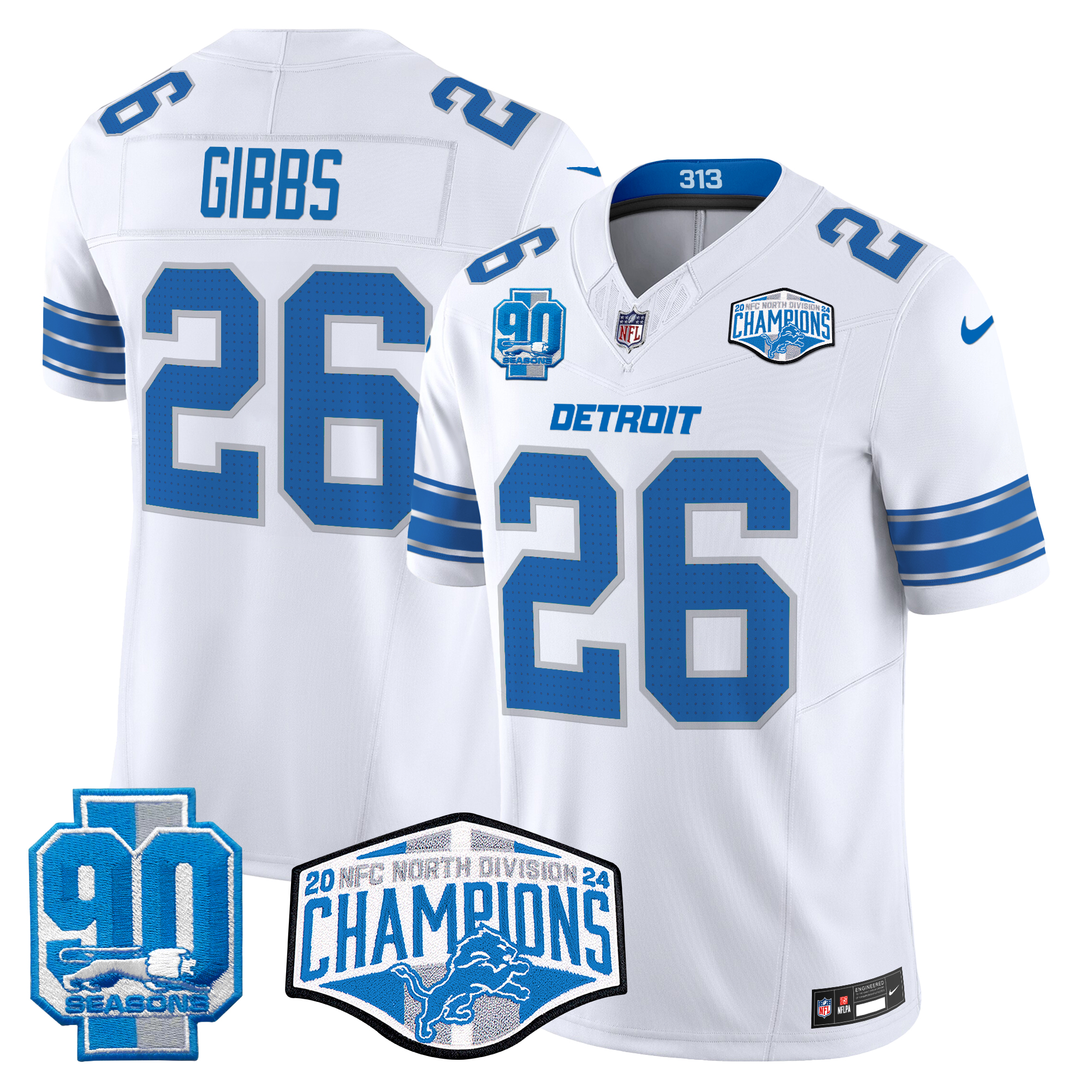 Jahmyr Gibbs Men's Detroit Lions 2024 NFC North Division Champions Patch Vapor Limited White Jersey - All Stitched