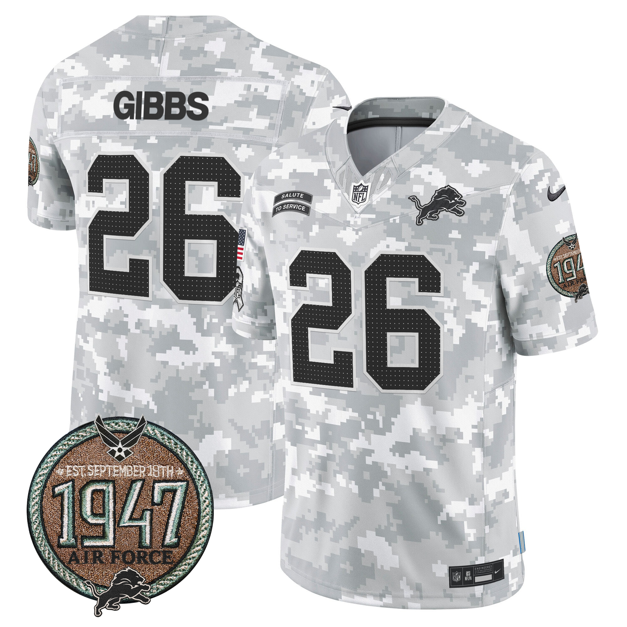 Jahmyr Gibbs Men's Detroit Lions 2024 Salute to Service Establishment Year Patch Vapor Limited Air Force Jersey - All Stitched