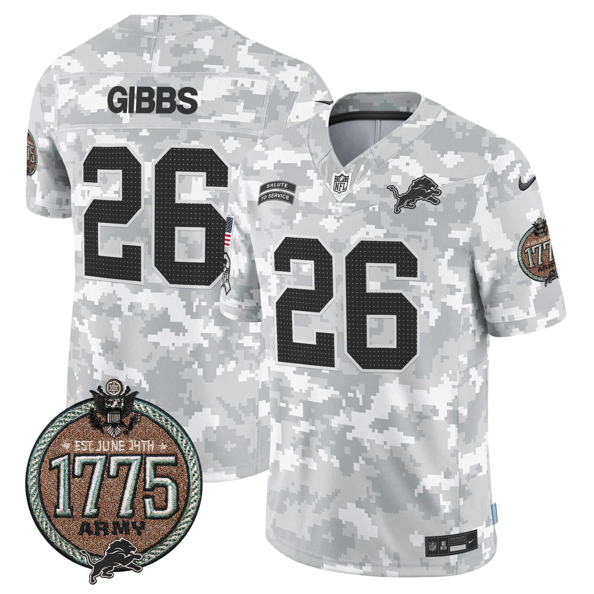 Jahmyr Gibbs Men's Detroit Lions 2024 Salute to Service Establishment Year Patch Vapor Limited Army Jersey - All Stitched