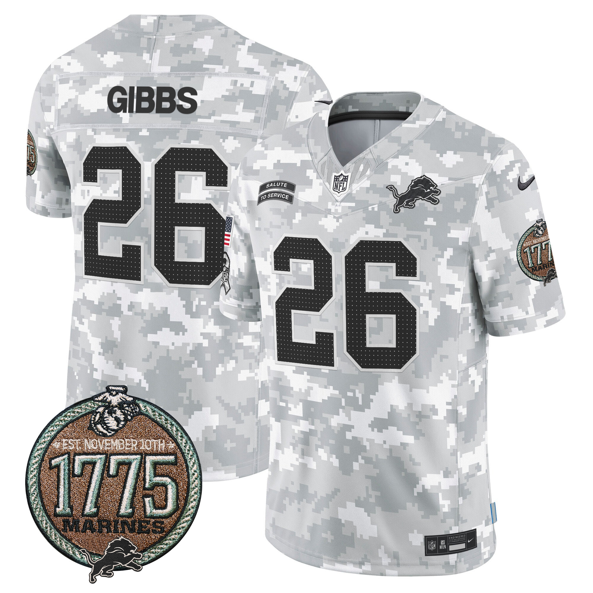 Jahmyr Gibbs Men's Detroit Lions 2024 Salute to Service Establishment Year Patch Vapor Limited Marines Jersey - All Stitched