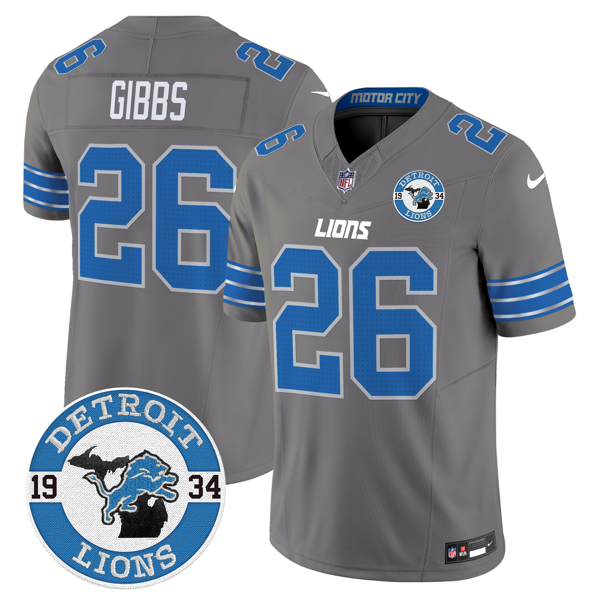 Jahmyr Gibbs Men's Detroit Lions 2024 Vapor Limited Gray Jersey - All Stitched