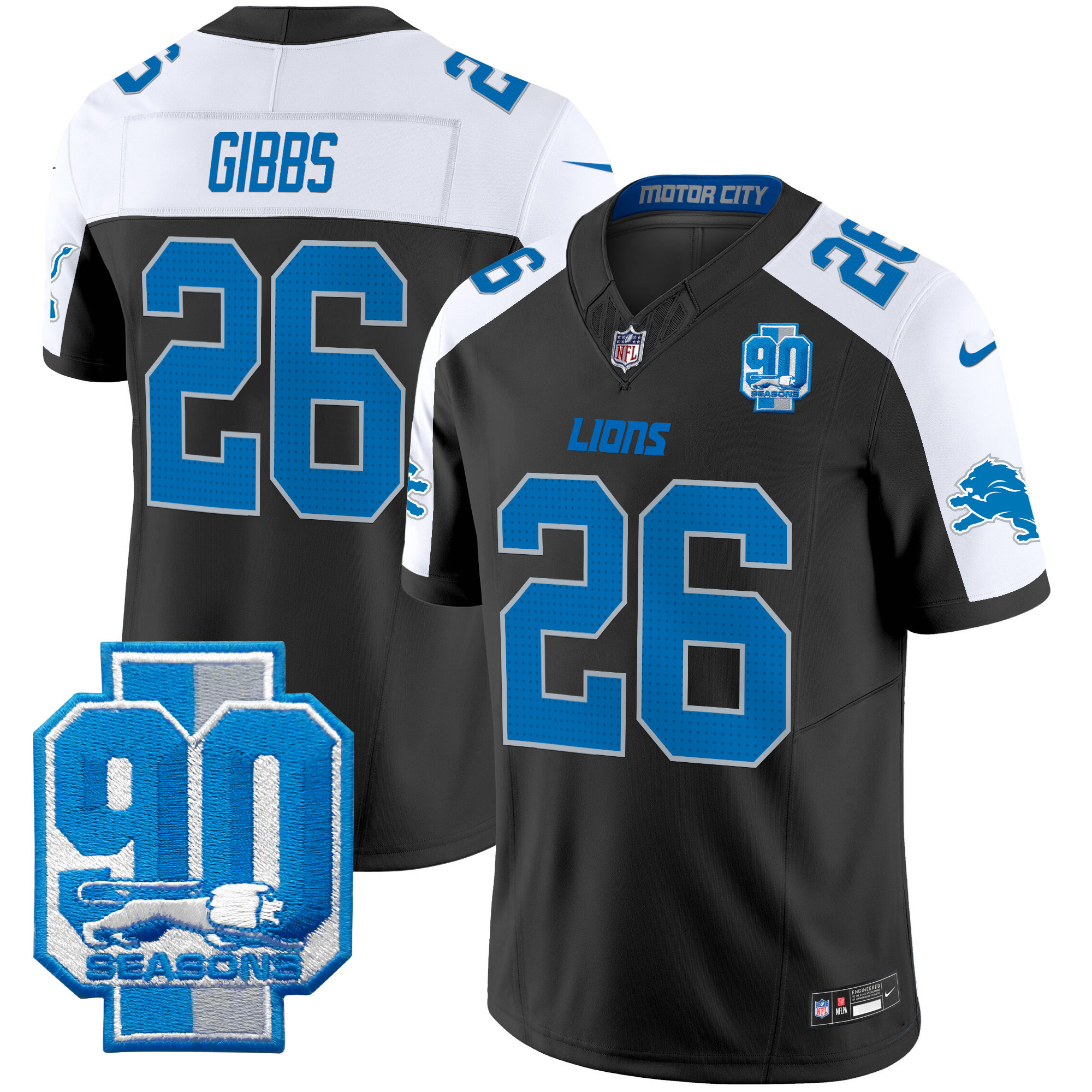 Jahmyr Gibbs Men's Detroit Lions 90th Year Patch Vapor Limited Black Alternate Jersey - All Stitched