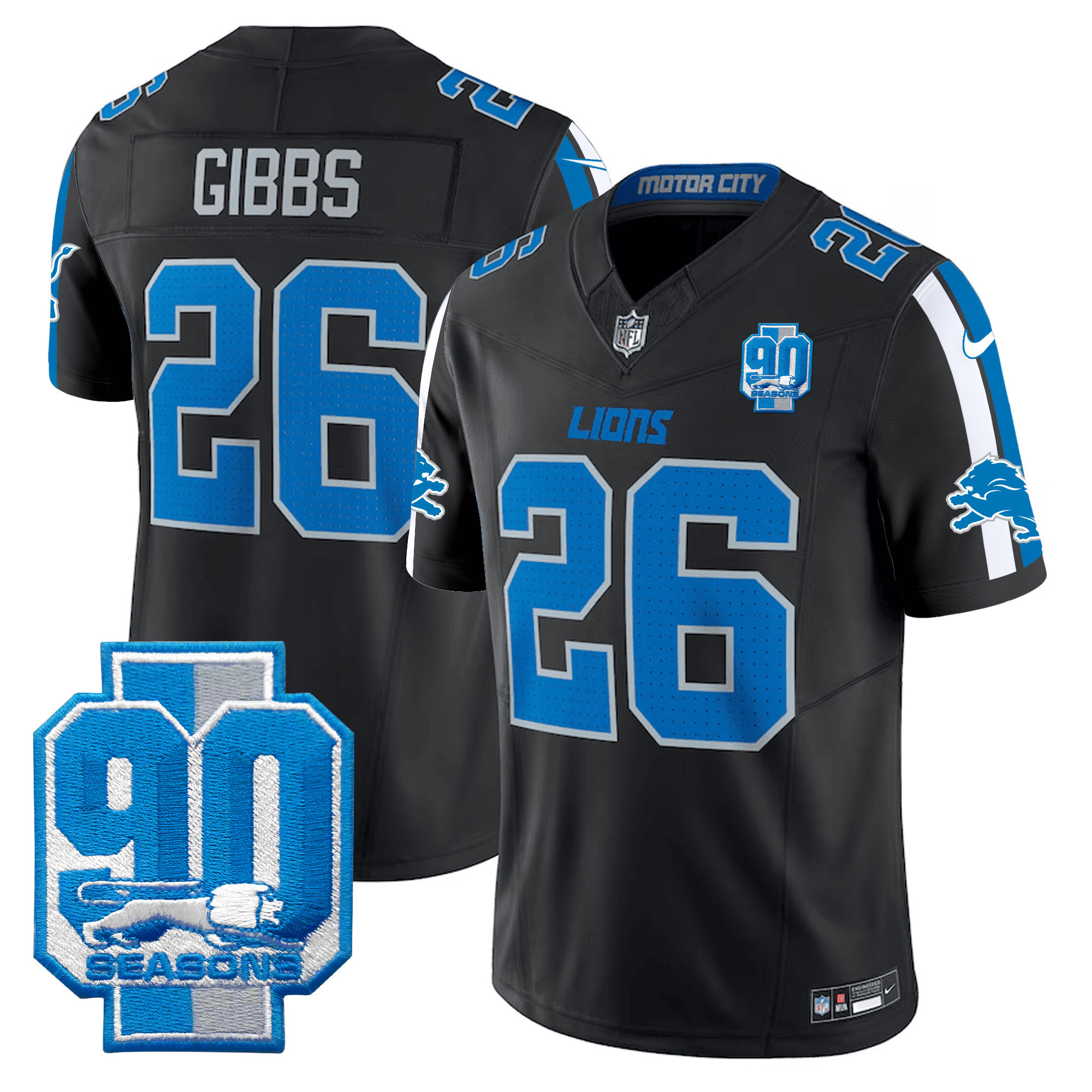 Jahmyr Gibbs Men's Detroit Lions 90th Year Patch Vapor Limited Black Jersey - All Stitched
