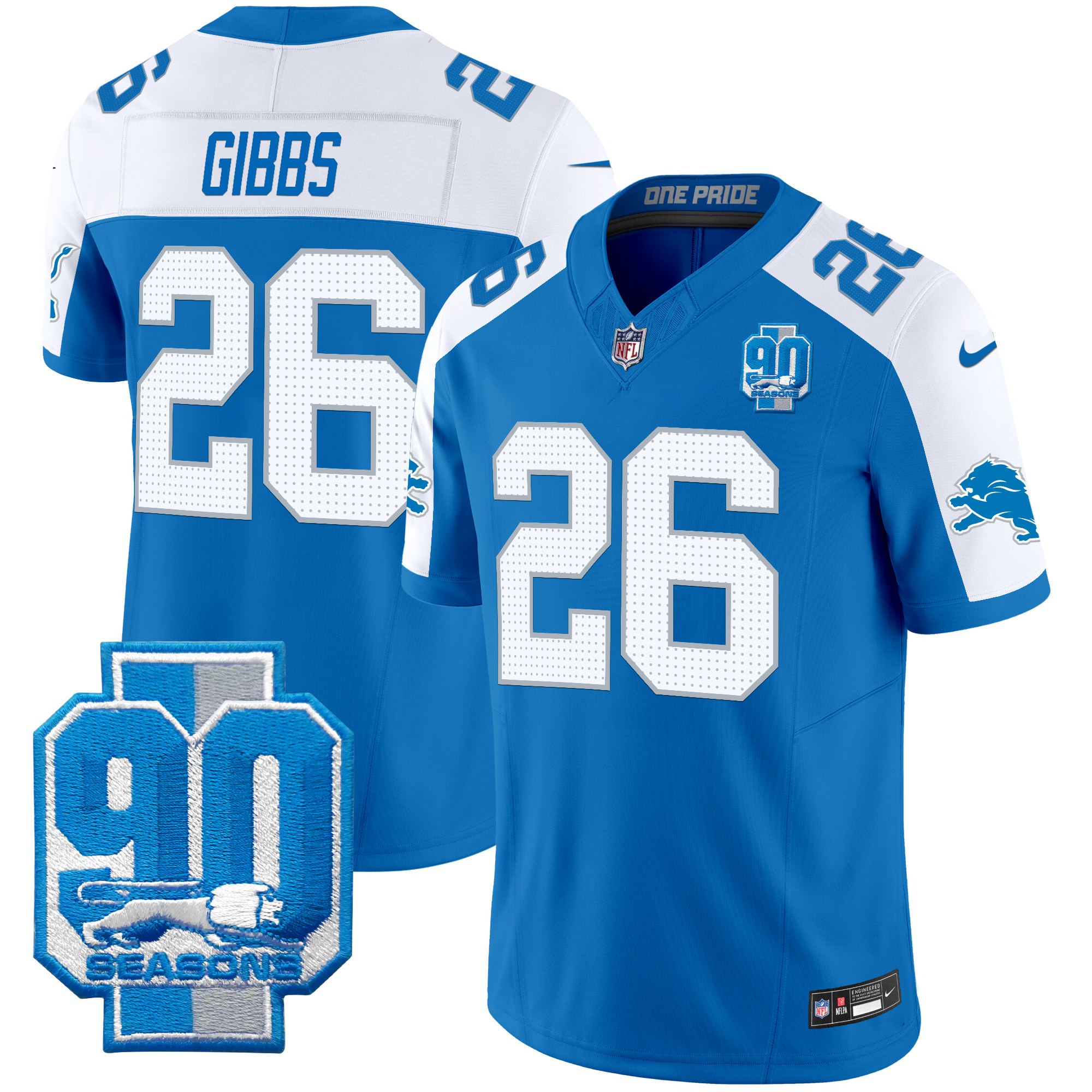Jahmyr Gibbs Men's Detroit Lions 90th Year Patch Vapor Limited Blue Alternate Jersey - All Stitched